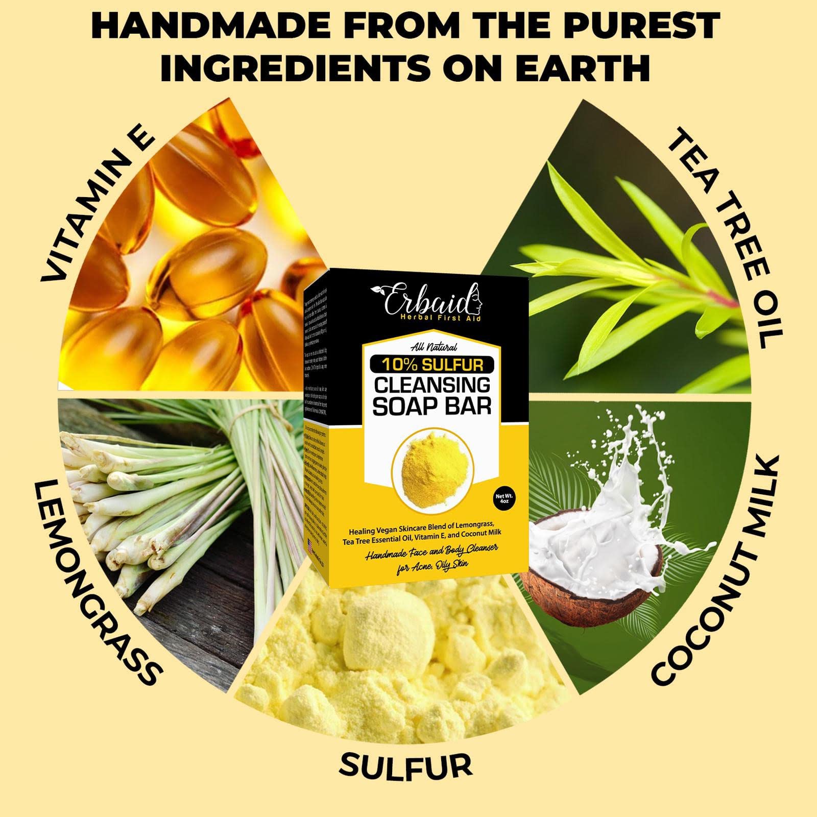 Erbaid 10% Sulfur Soap Bar – Acne & Oily Skin Cleanser, USA Made
