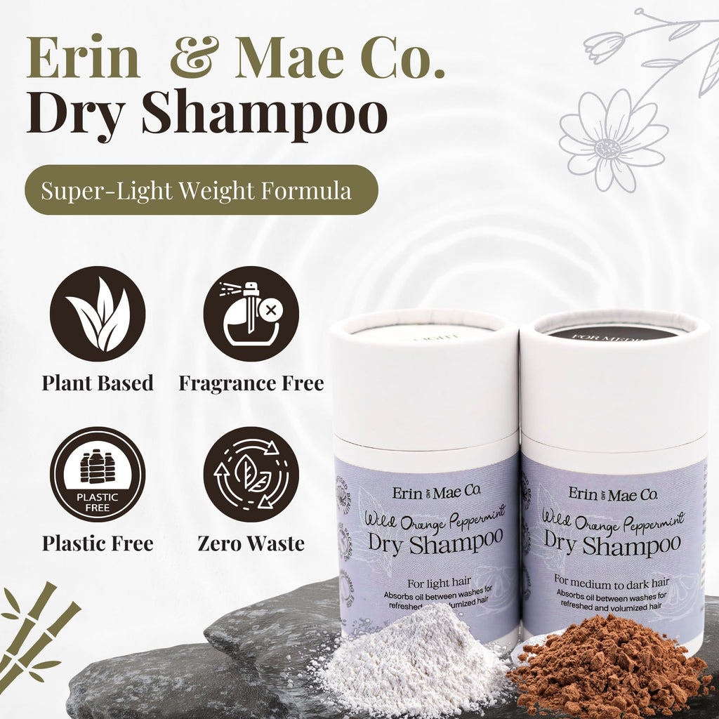 ERIN AND MAE CO. Dry Shampoo Powder – Organic, Non-Aerosol, Wild Orange & Peppermint, 2oz, Medium Dark Hair