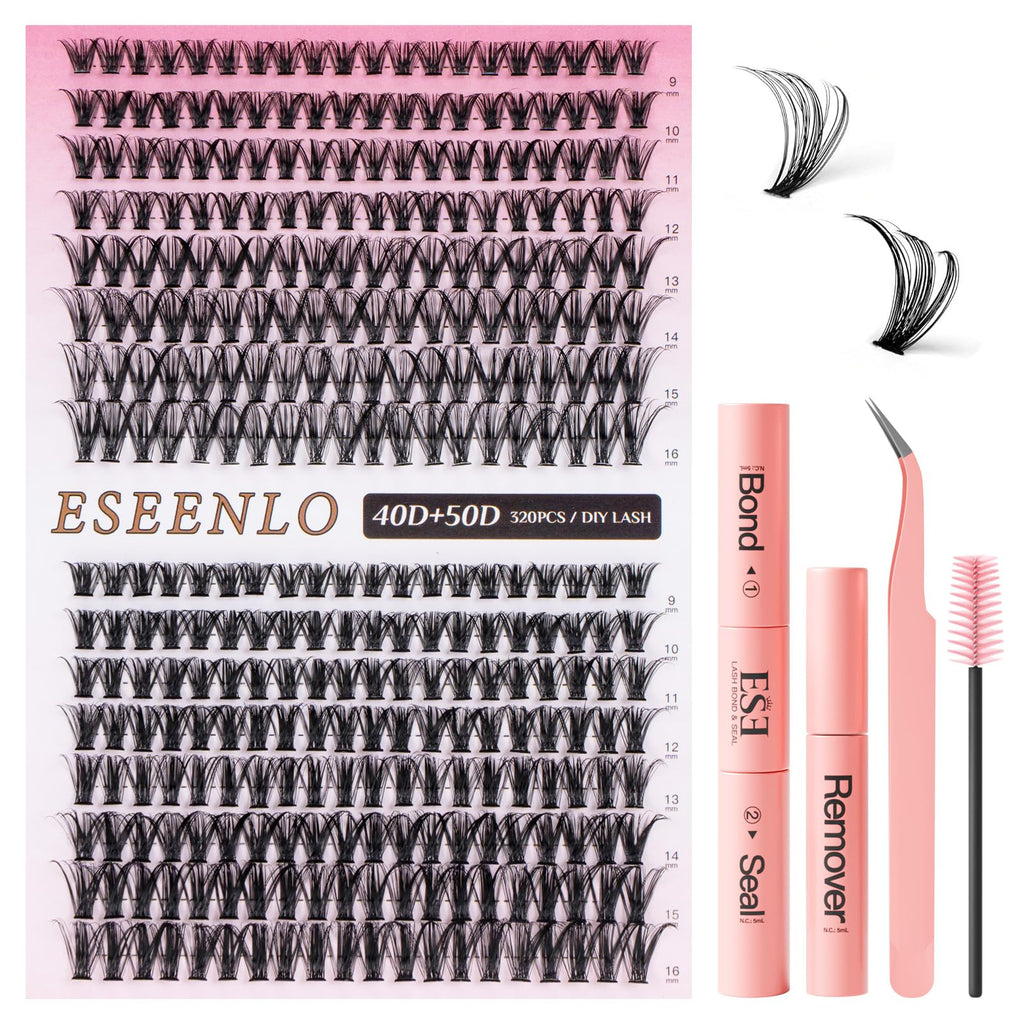 ESEENLO 320pc Lash Clusters Kit – 9-16mm Lash Extensions with Bond & Seal