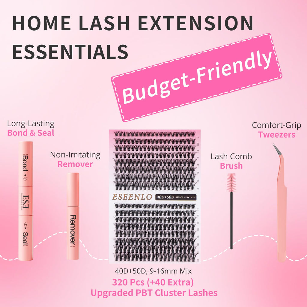 ESEENLO 320pc Lash Clusters Kit – 9-16mm Lash Extensions with Bond & Seal