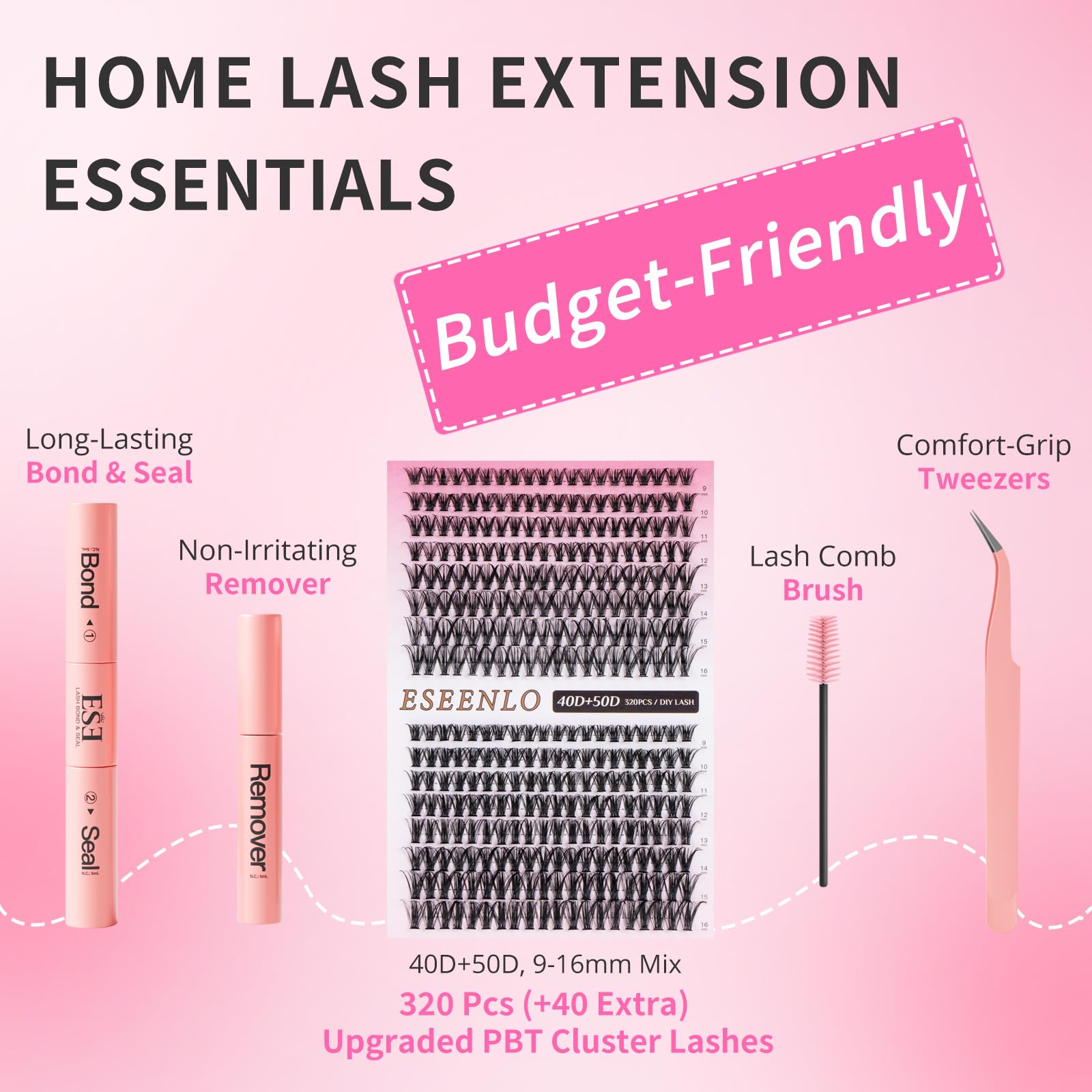 ESEENLO 320pc Lash Clusters Kit – 9-16mm Lash Extensions with Bond & Seal