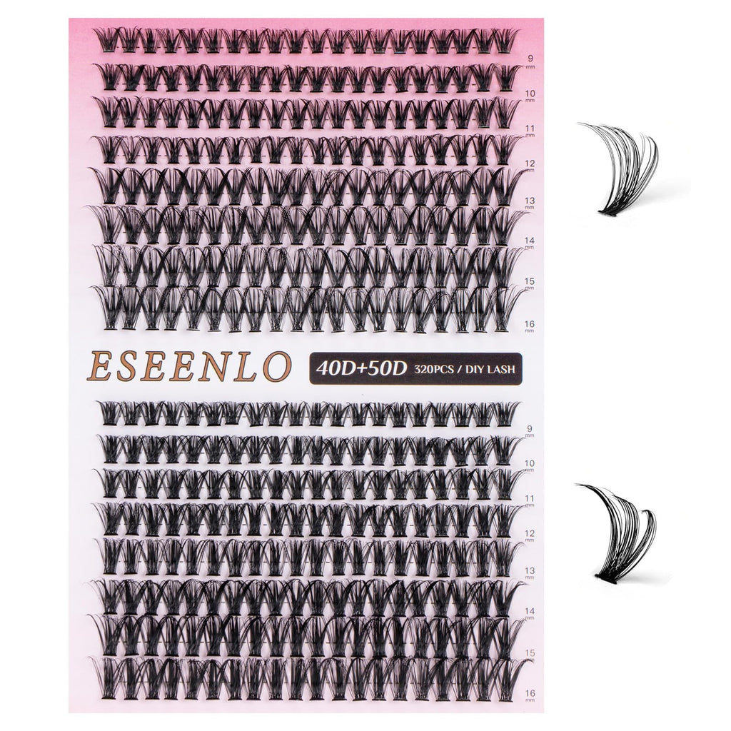 ESEENLO 320pc Lash Clusters Kit – 9-16mm Lash Extensions with Bond & Seal