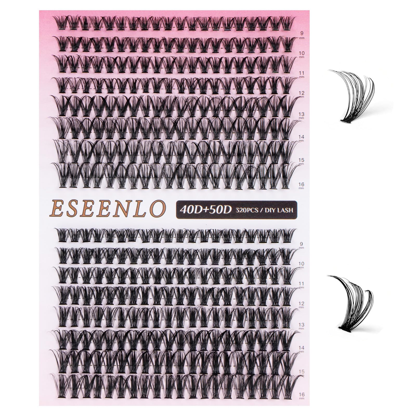 ESEENLO 320pc Lash Clusters Kit – 9-16mm Lash Extensions with Bond & Seal