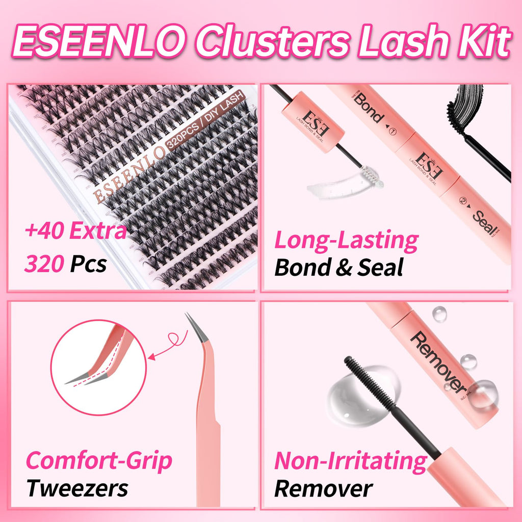 ESEENLO 320pc Lash Clusters Kit – 9-16mm Lash Extensions with Bond & Seal