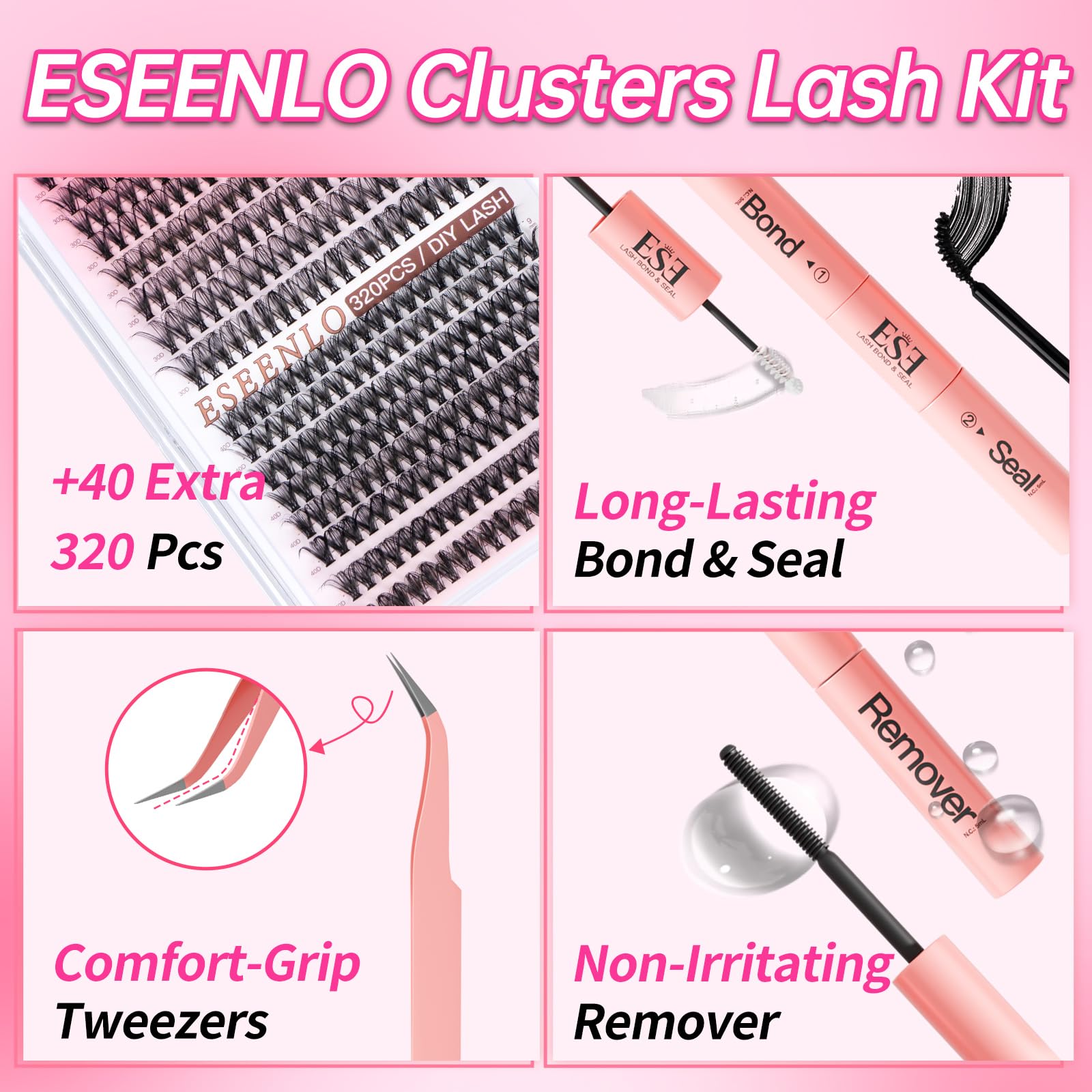ESEENLO 320pc Lash Clusters Kit – 9-16mm Lash Extensions with Bond & Seal