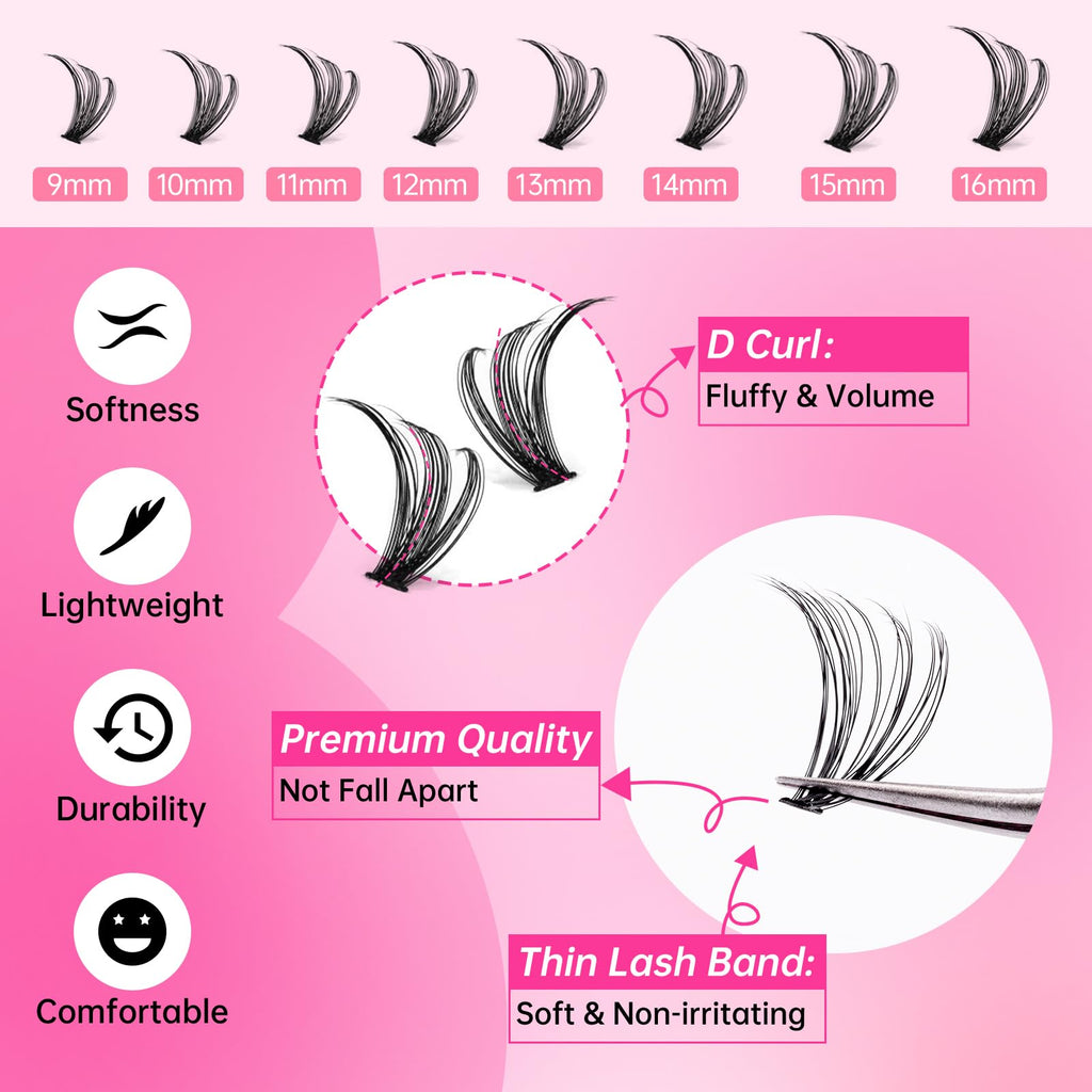 ESEENLO 320pc Lash Clusters Kit – 9-16mm Lash Extensions with Bond & Seal