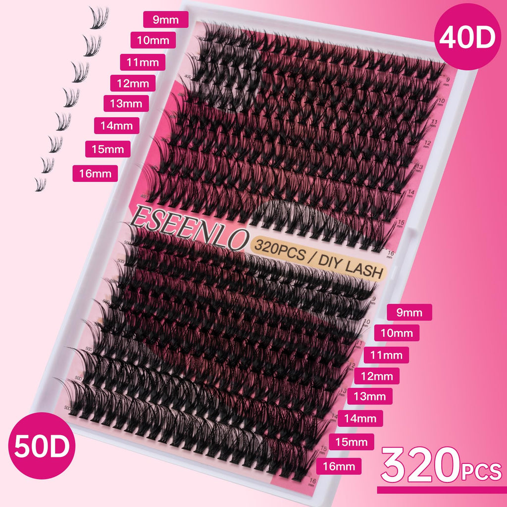 ESEENLO 320pc Lash Clusters Kit – 9-16mm Lash Extensions with Bond & Seal