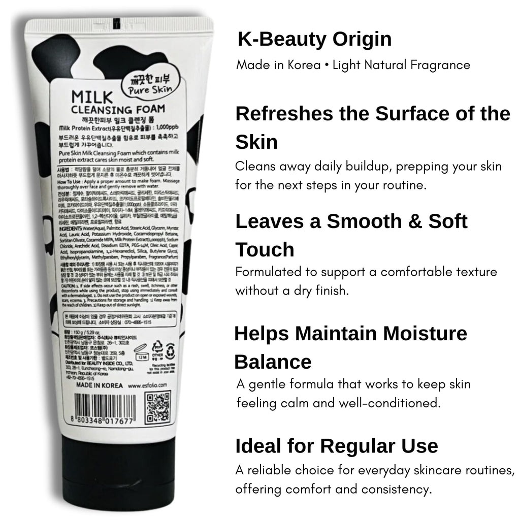 Esfolio Milk Cleansing Foam – Hydrating Korean Milk Protein Face Wash for Dry & Sensitive Skin