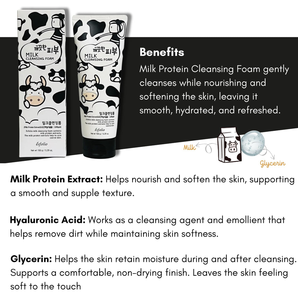 Esfolio Milk Cleansing Foam – Hydrating Korean Milk Protein Face Wash for Dry & Sensitive Skin