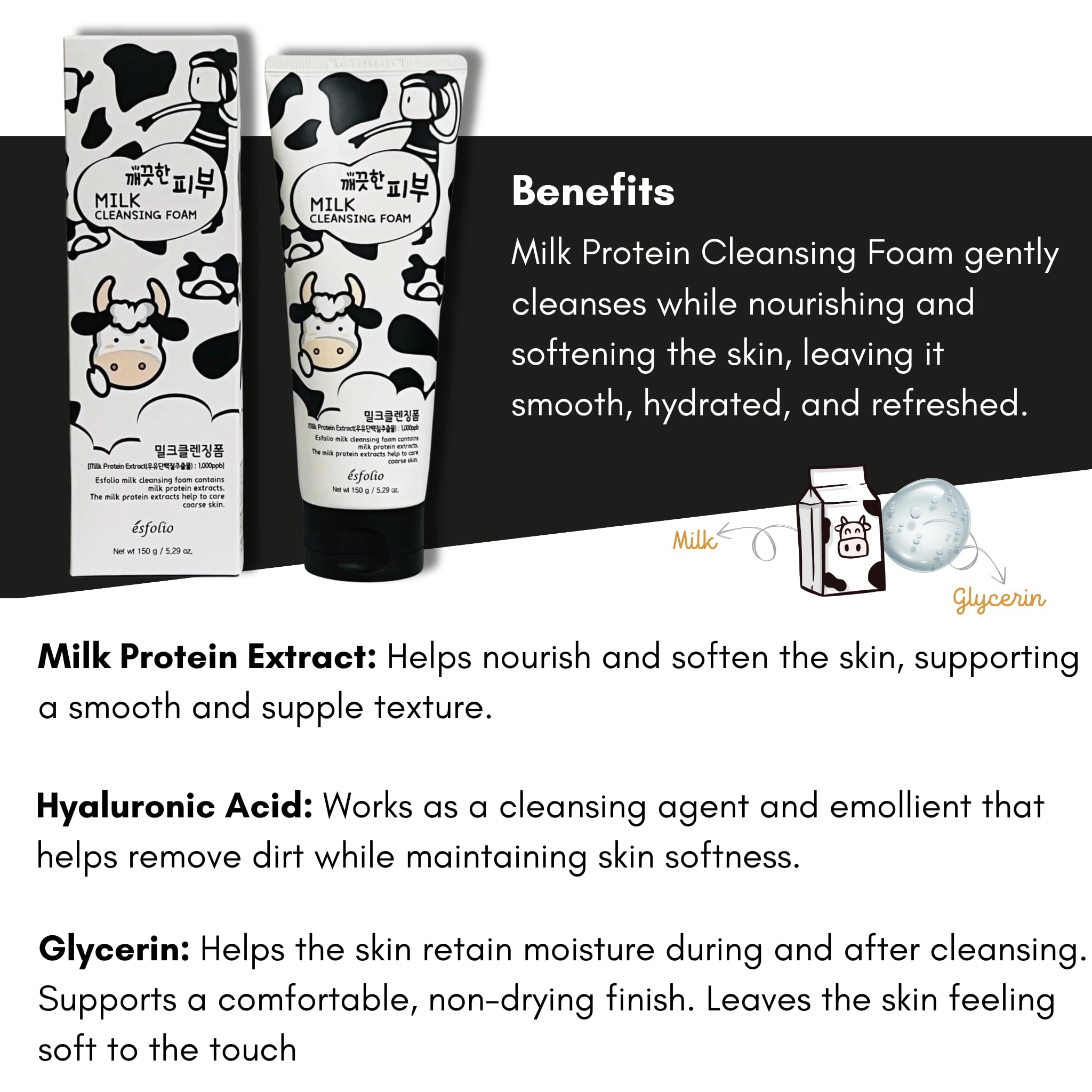 Esfolio Milk Cleansing Foam – Hydrating Korean Milk Protein Face Wash for Dry & Sensitive Skin