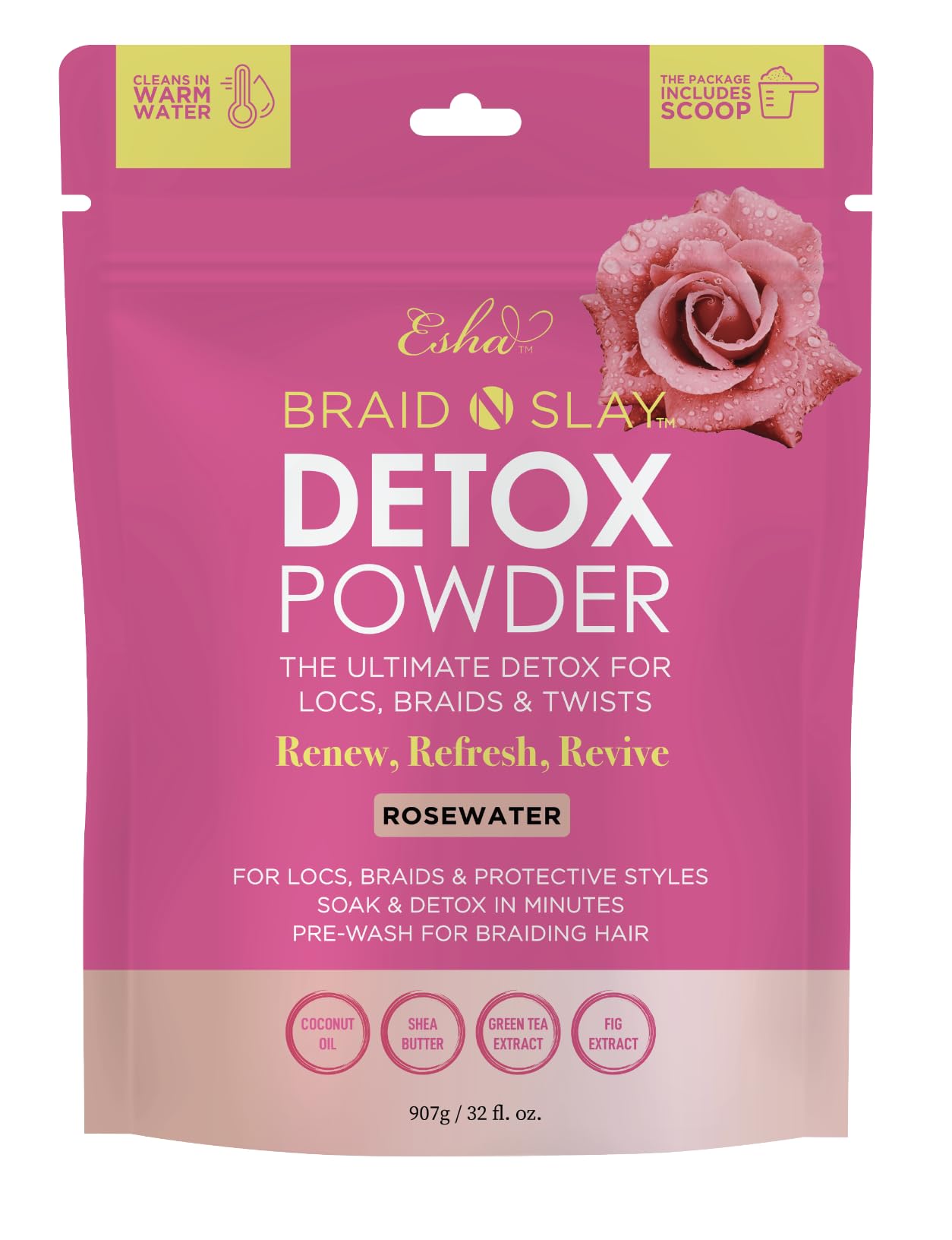 Esha Braid N Slay Detox Powder – Scalp Cleanser for Braids, Locs & Twists (Rosewater) 907g