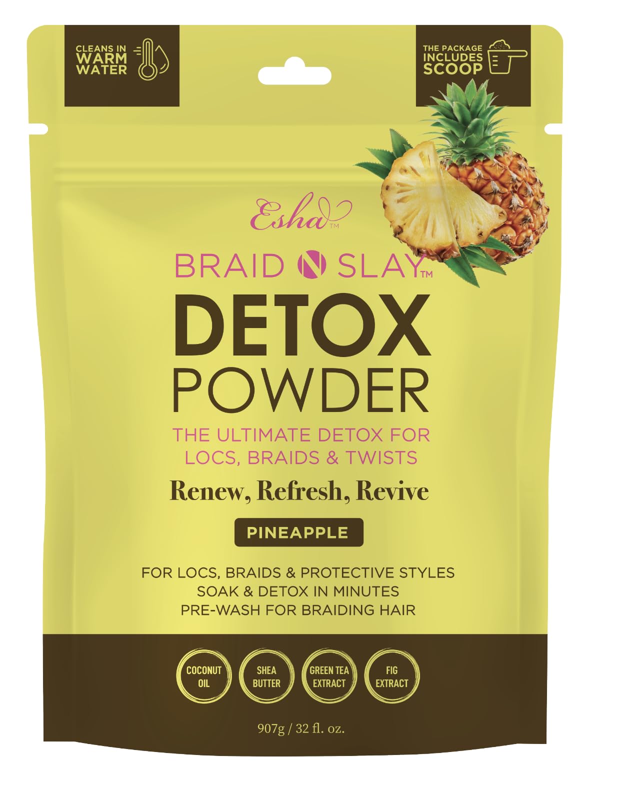 Esha Braid N Slay Detox Powder – Scalp Cleanser for Braids, Locs & Twists (Pineapple) – 907g