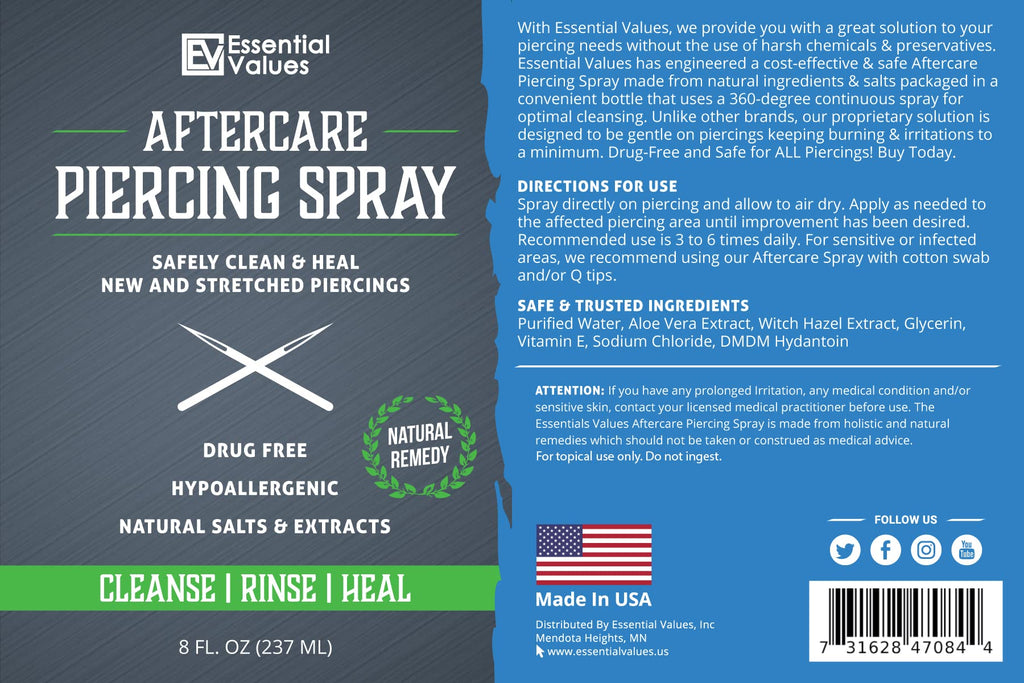 Essential Values 2-Pack Piercing Aftercare Spray – Gentle on Contact, Made in USA (8 oz per bottle)
