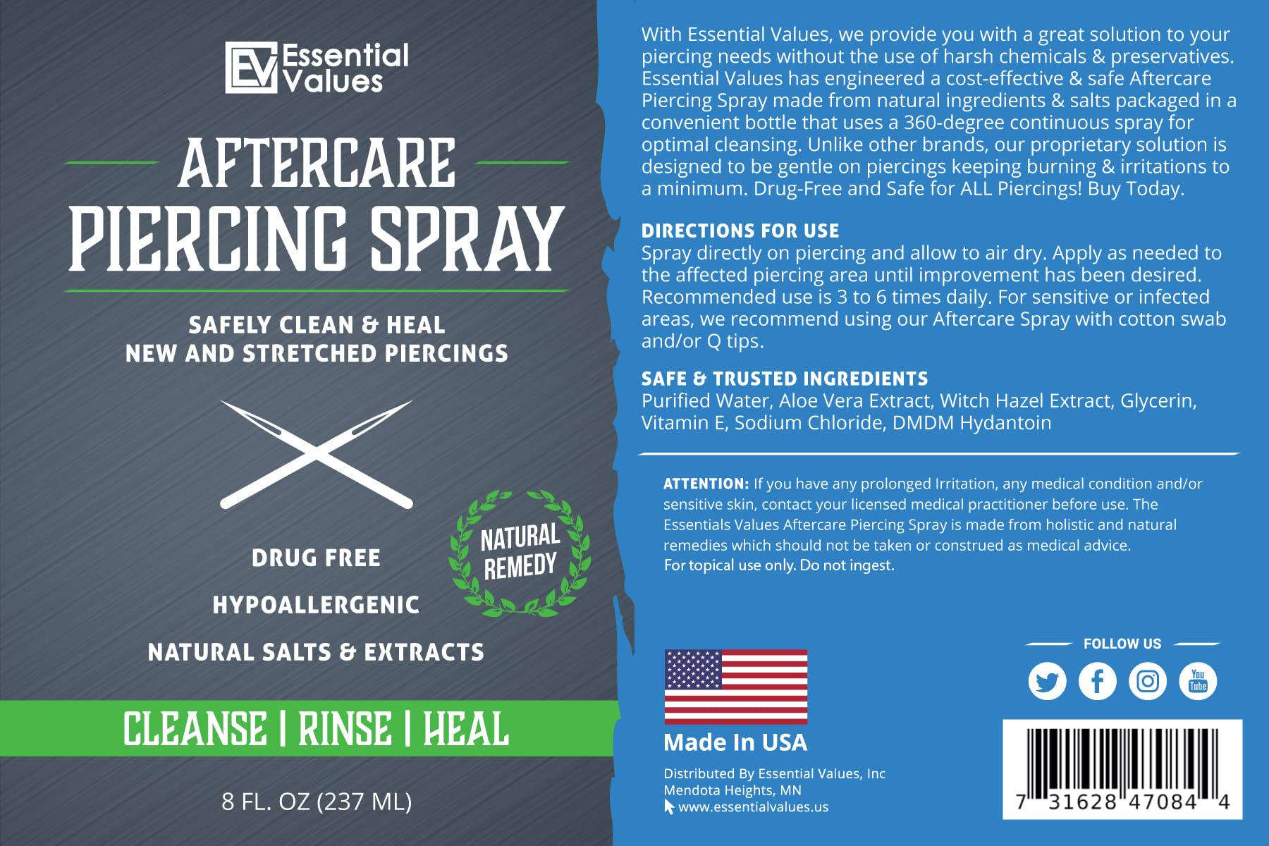 Essential Values 2-Pack Piercing Aftercare Spray – Gentle on Contact, Made in USA (8 oz per bottle)