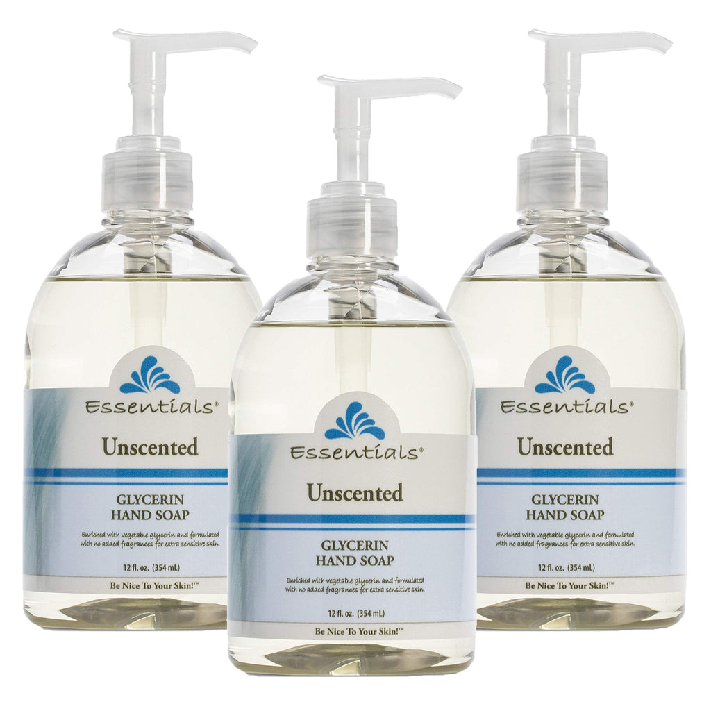 Essentials Glycerin Liquid Hand Soap, Unscented, 3-Pack (12 oz each) | Gentle, Moisturizing Cleanser
