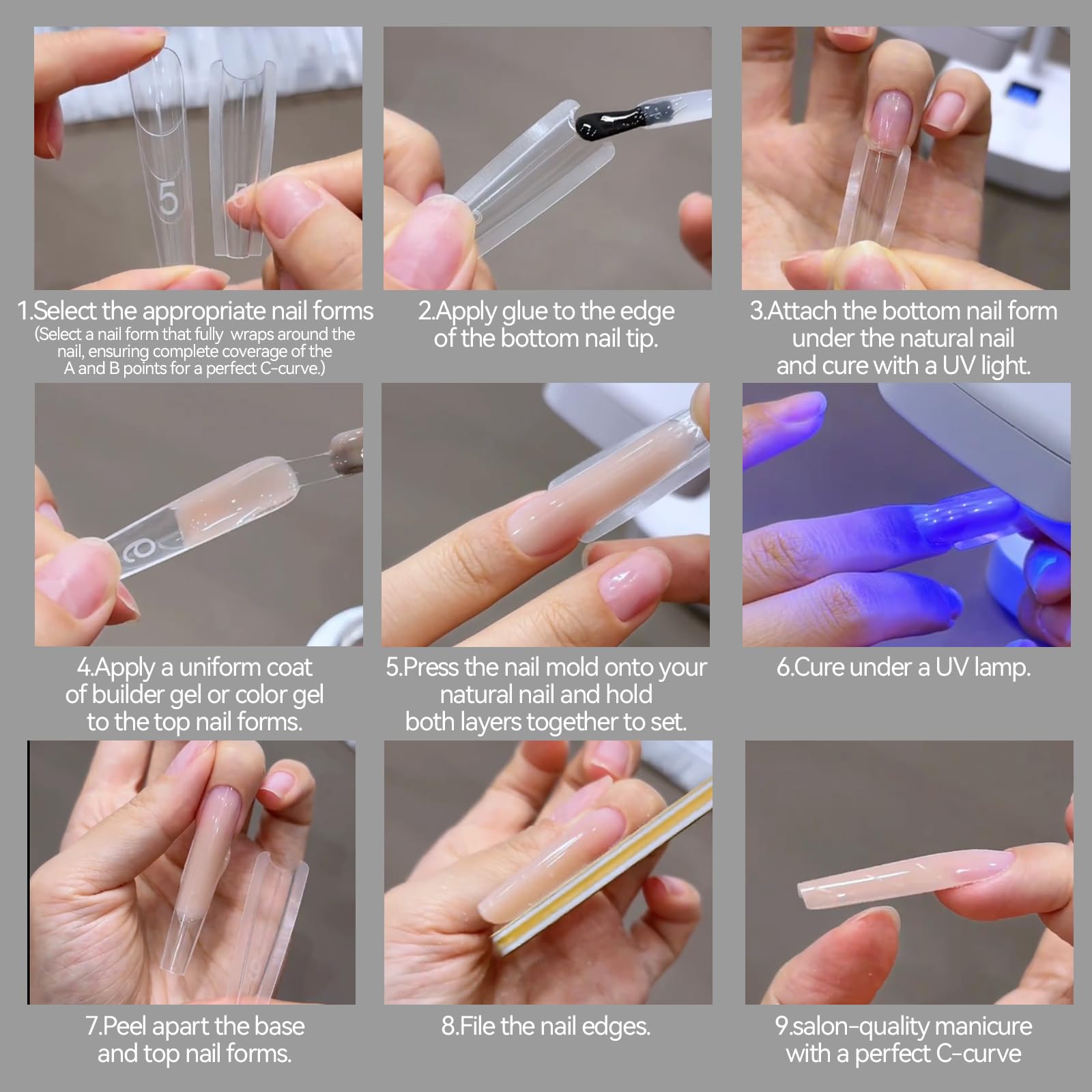 ESUOHYM 240 Pcs Sandwich Dual Nail Forms — Reusable Builder Gel Extensions, 15 Sizes, Almond Shape Guide Lines