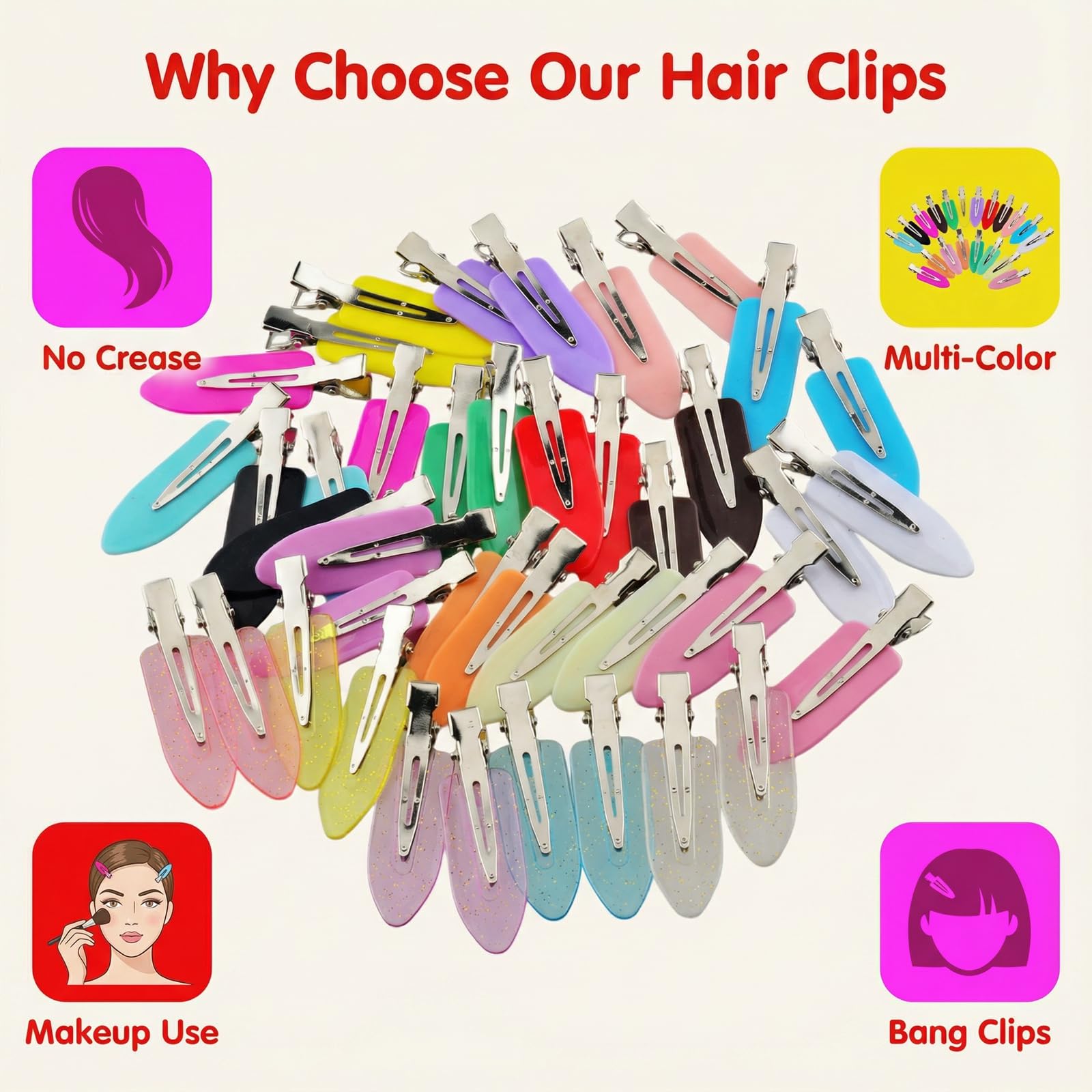 Eswala No Crease Hair Clips – 40Pcs Multicolor Creaseless Clips for Makeup, Bangs & Pin Curls