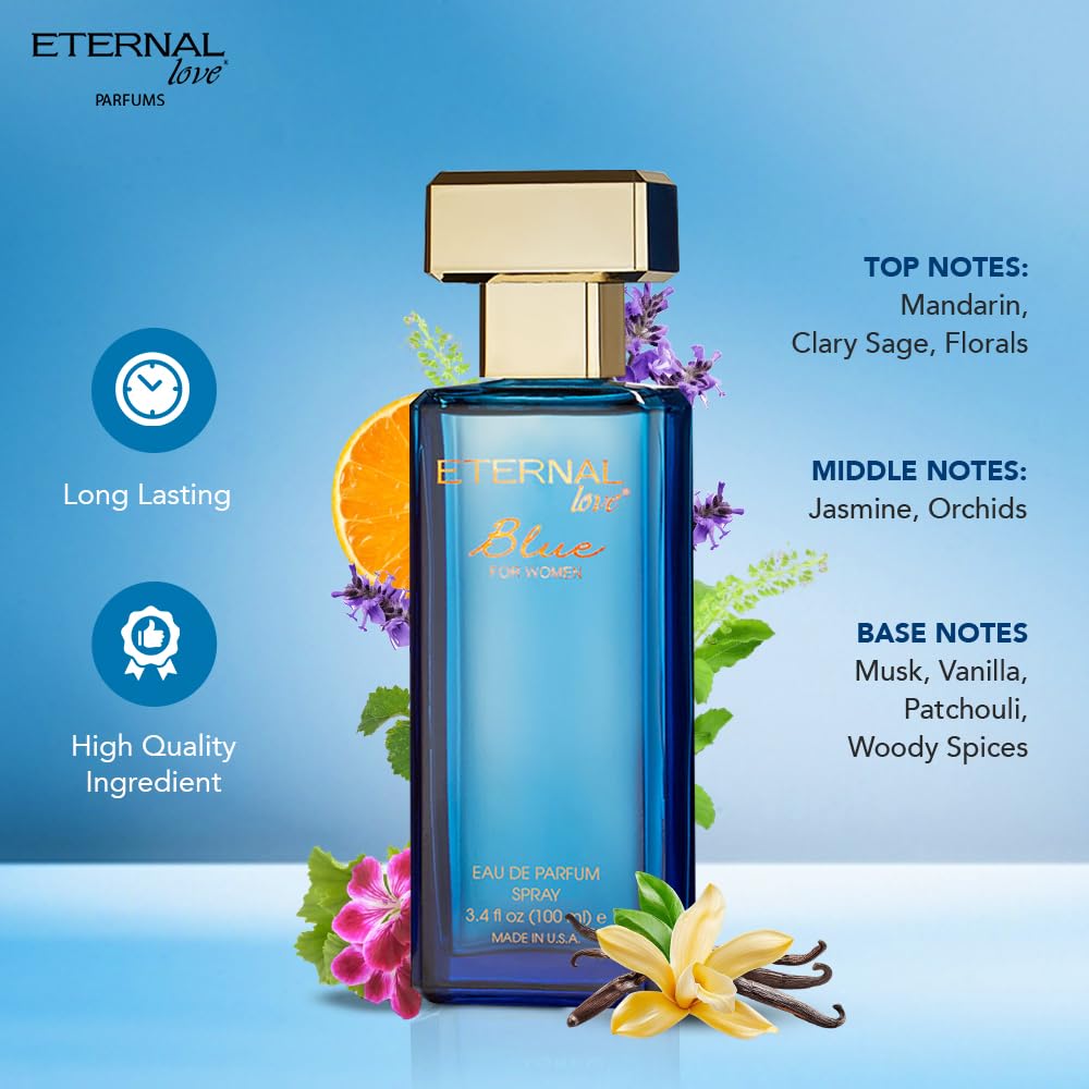 Eternal Love Blue for Women – Long-Lasting Floral-Powdery EDP, Vanilla & Jasmine, 3.4oz