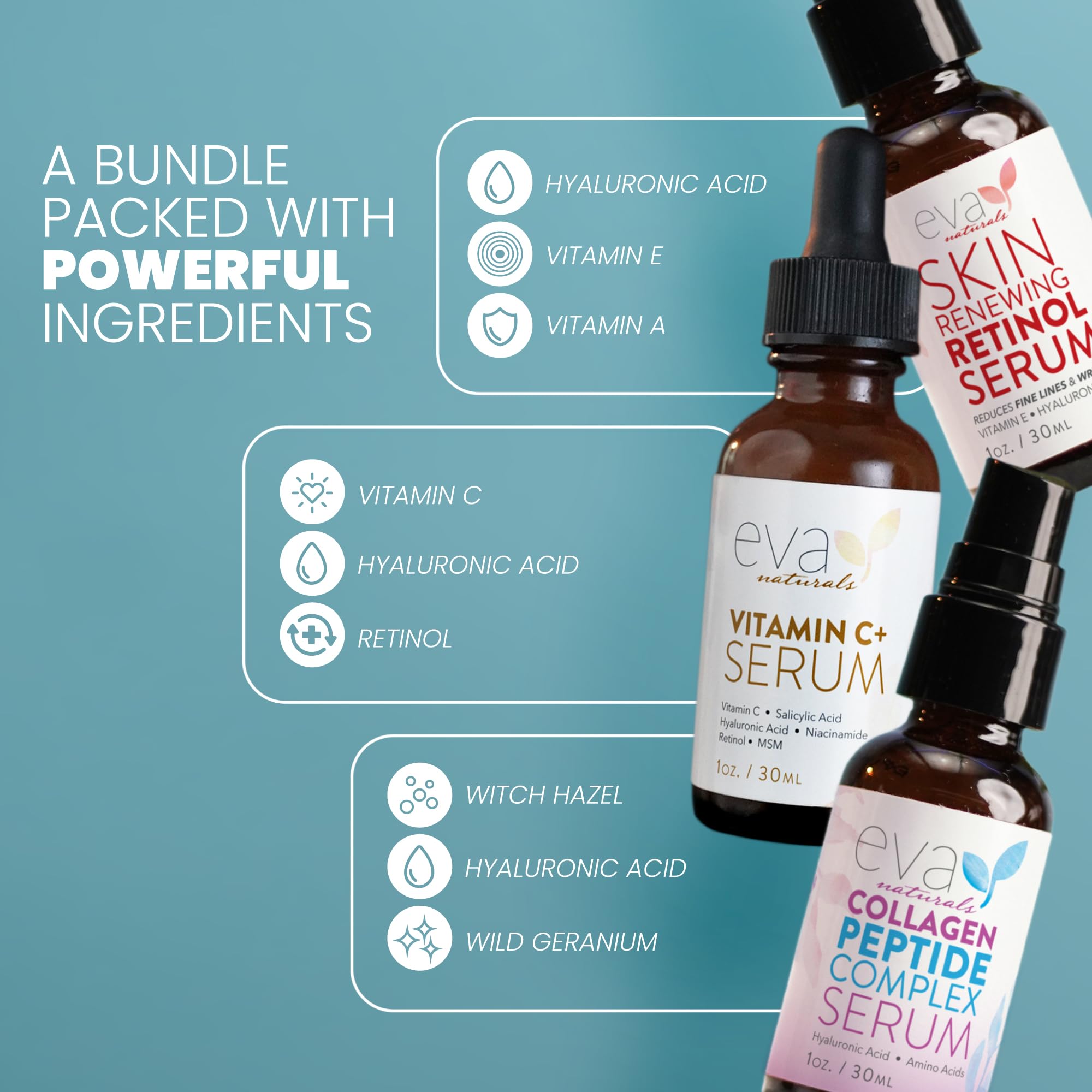 Eva Naturals Trifecta Face Serum Set – Vitamin C, Retinol & Peptides with Hyaluronic Acid