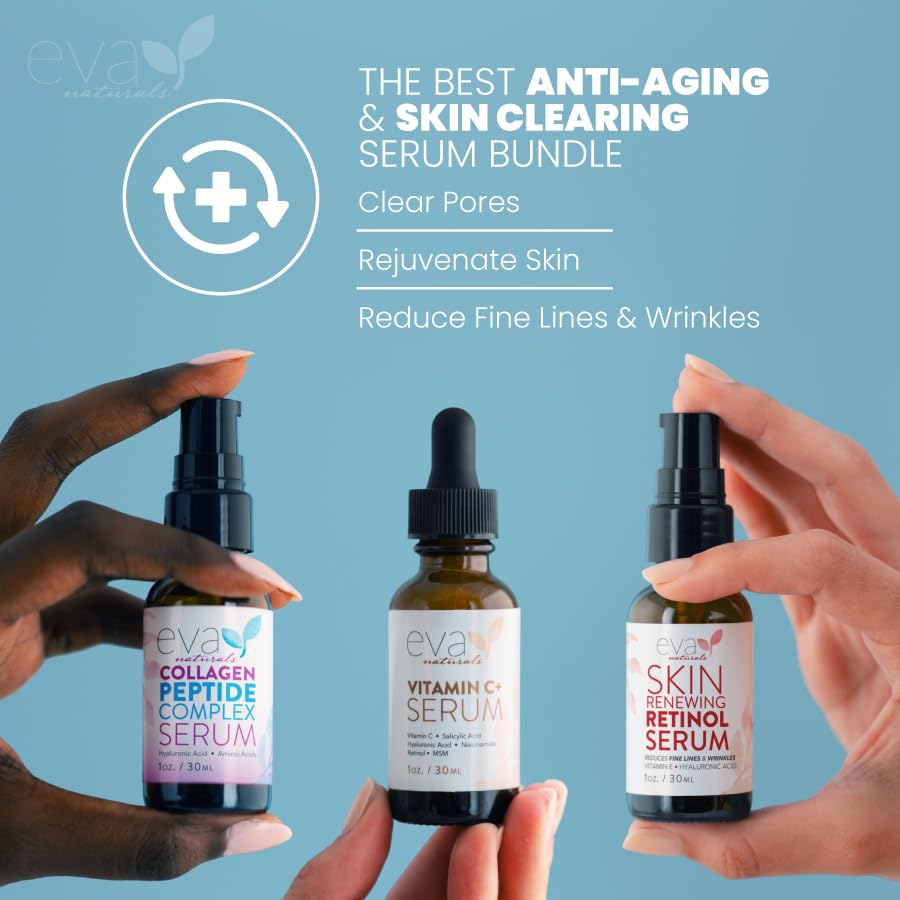 Eva Naturals Trifecta Face Serum Set – Vitamin C, Retinol & Peptides with Hyaluronic Acid
