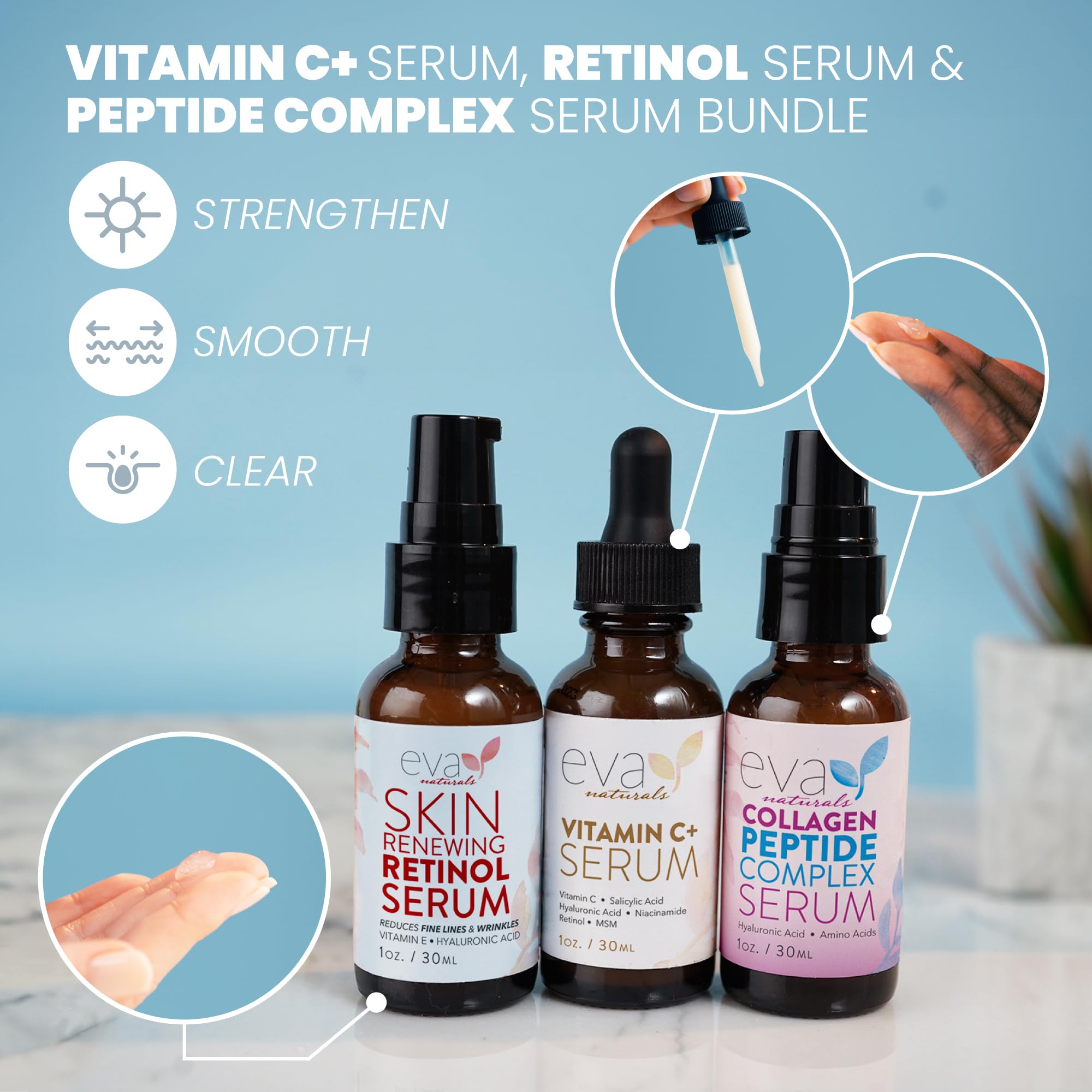 Eva Naturals Trifecta Face Serum Set – Vitamin C, Retinol & Peptides with Hyaluronic Acid