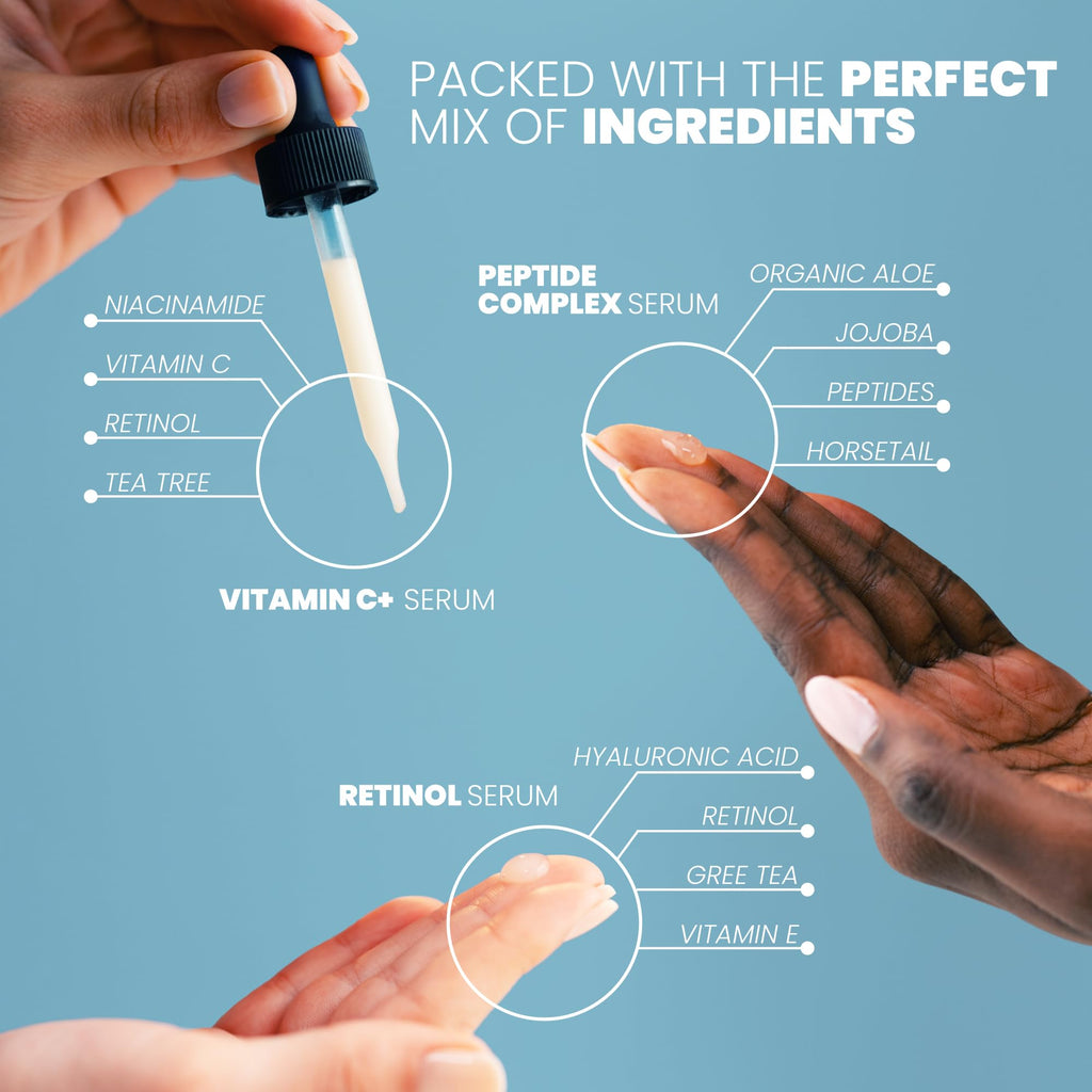 Eva Naturals Trifecta Face Serum Set – Vitamin C, Retinol & Peptides with Hyaluronic Acid