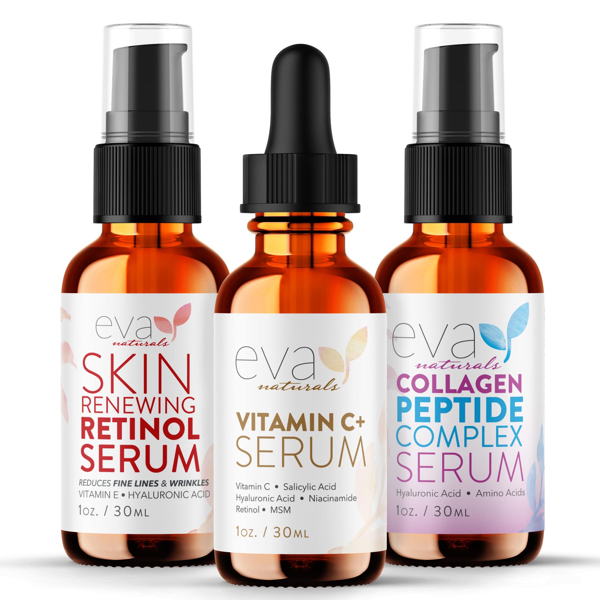 Eva Naturals Trifecta Face Serum Set – Vitamin C, Retinol & Peptides with Hyaluronic Acid