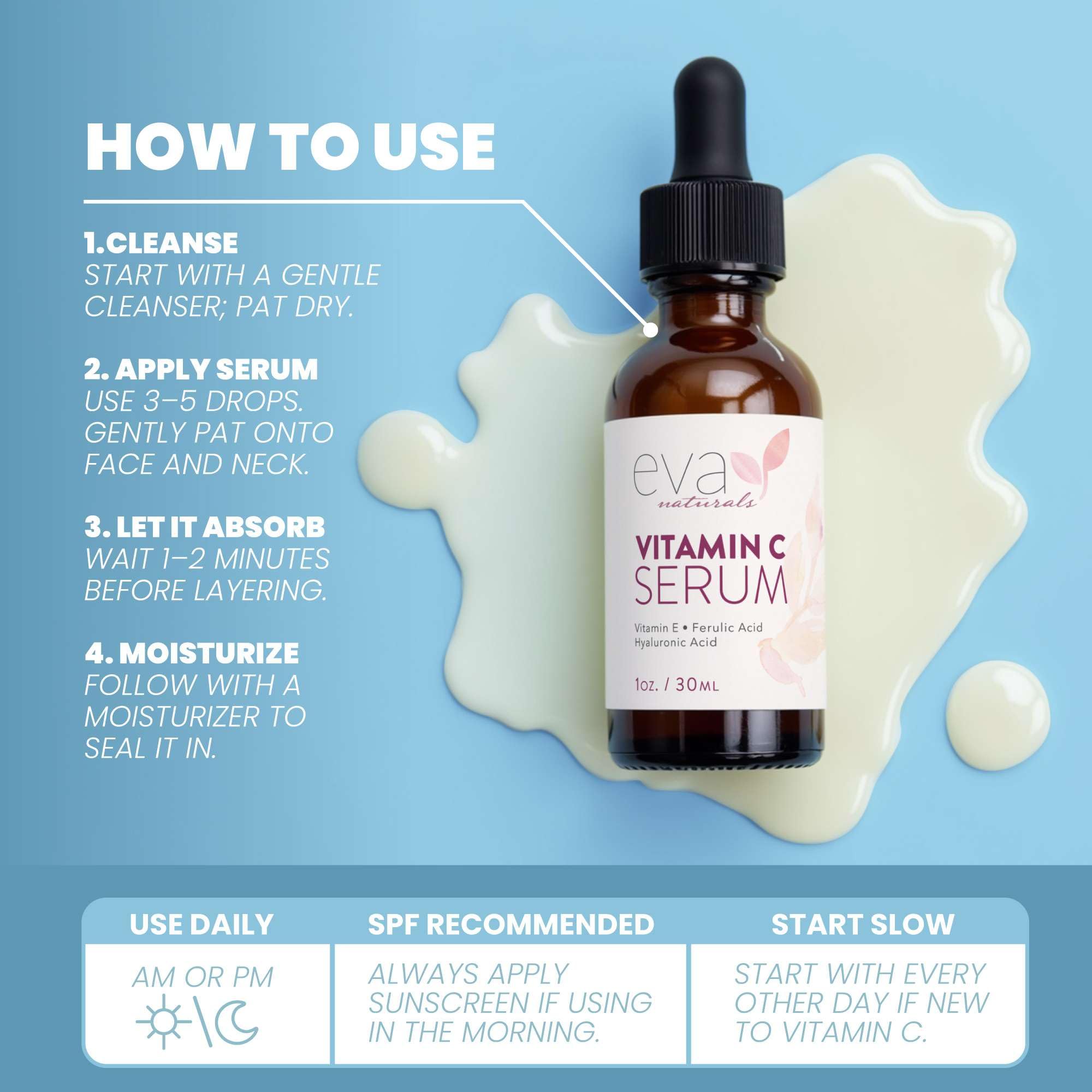 Eva Naturals Vitamin C Serum 20% - Hyaluronic Acid, Ferulic & Vitamin E | Even Skin Tone & Glow | 1 oz