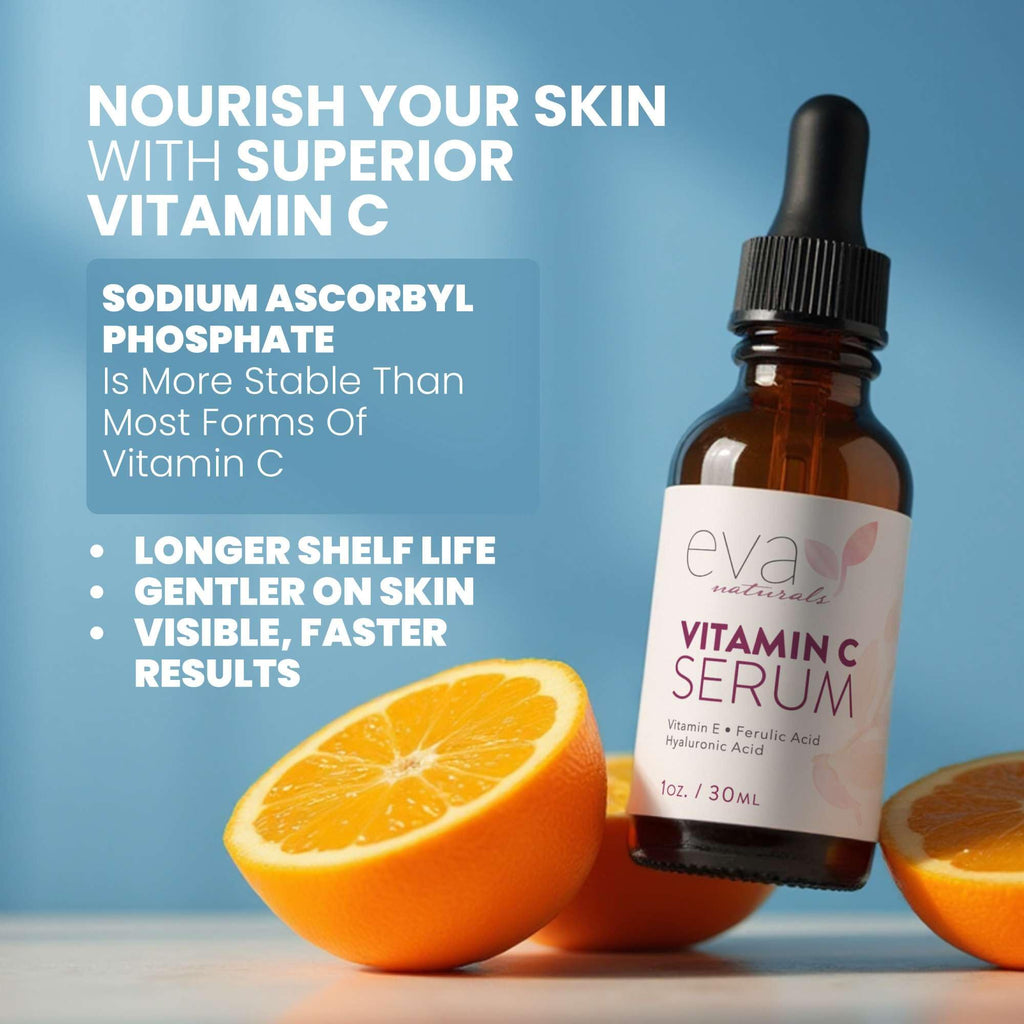 Eva Naturals Vitamin C Serum 20% - Hyaluronic Acid, Ferulic & Vitamin E | Even Skin Tone & Glow | 1 oz