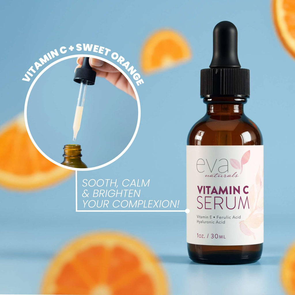 Eva Naturals Vitamin C Serum 20% - Hyaluronic Acid, Ferulic & Vitamin E | Even Skin Tone & Glow | 1 oz