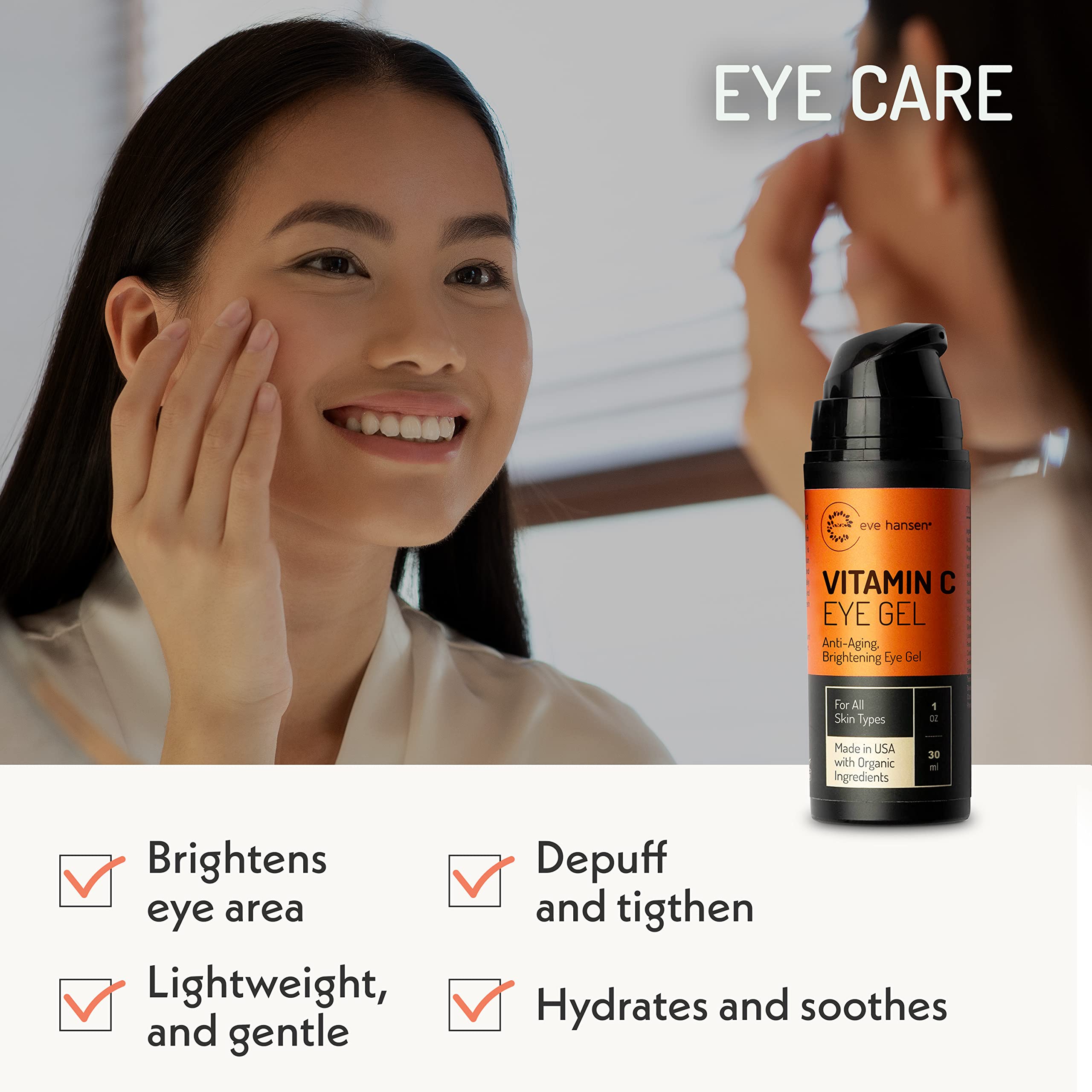 Eve Hansen Vitamin C Eye Gel – Brightening Under Eye Cream with Hyaluronic Acid, 1 oz