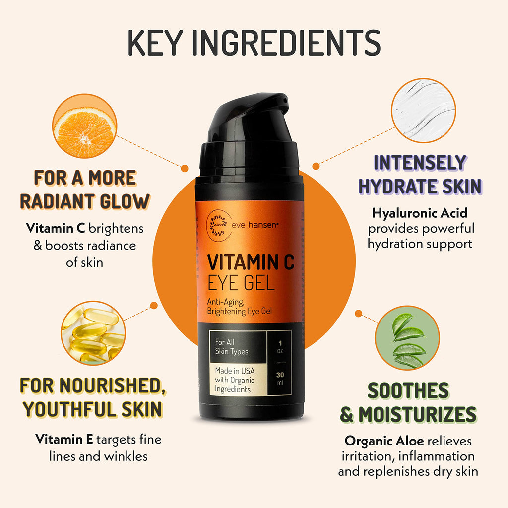 Eve Hansen Vitamin C Eye Gel – Brightening Under Eye Cream with Hyaluronic Acid, 1 oz