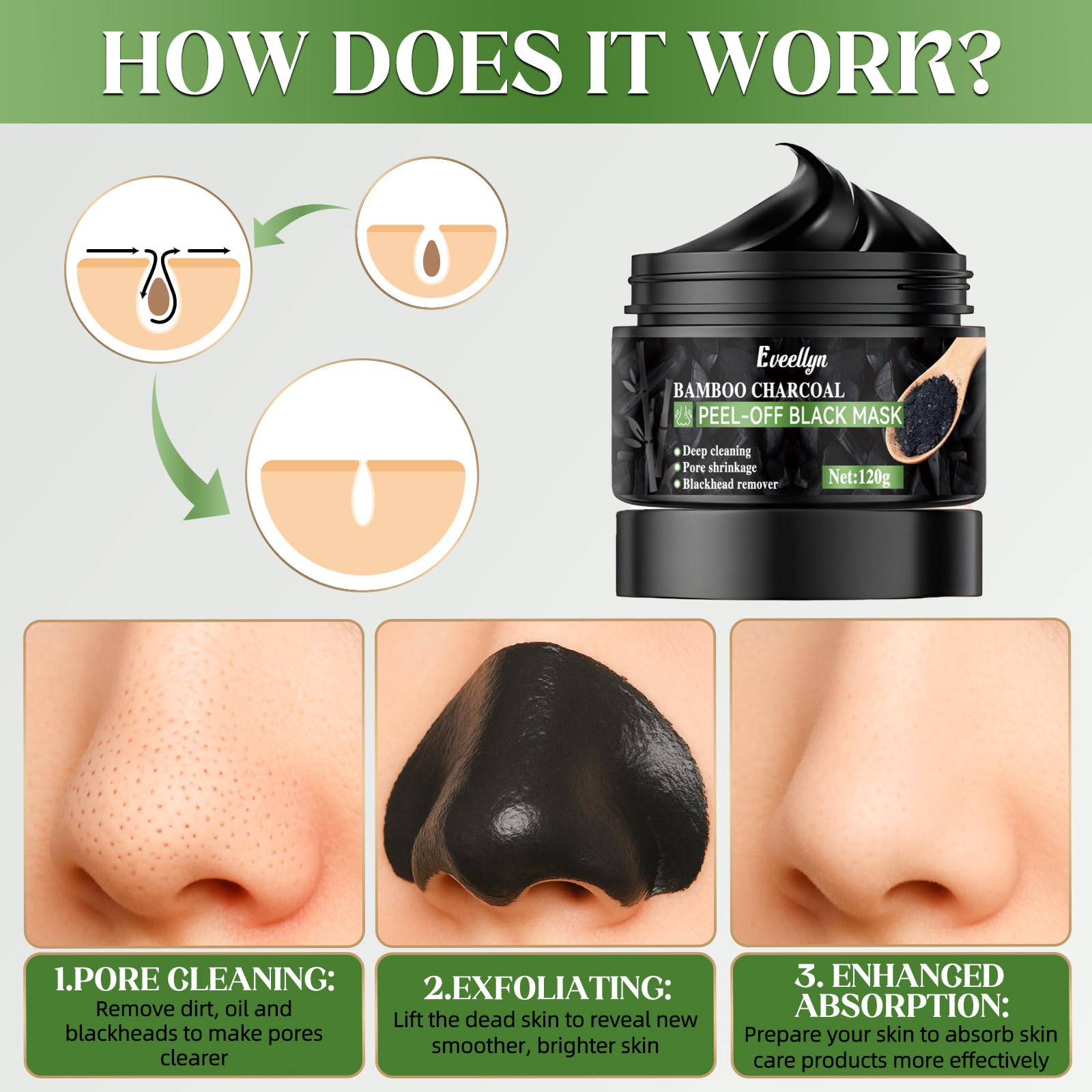 Eveellyn Blackhead Remover Mask - Bamboo Charcoal Peel Off for Deep Cleansing & Pore Refinement (120ml)