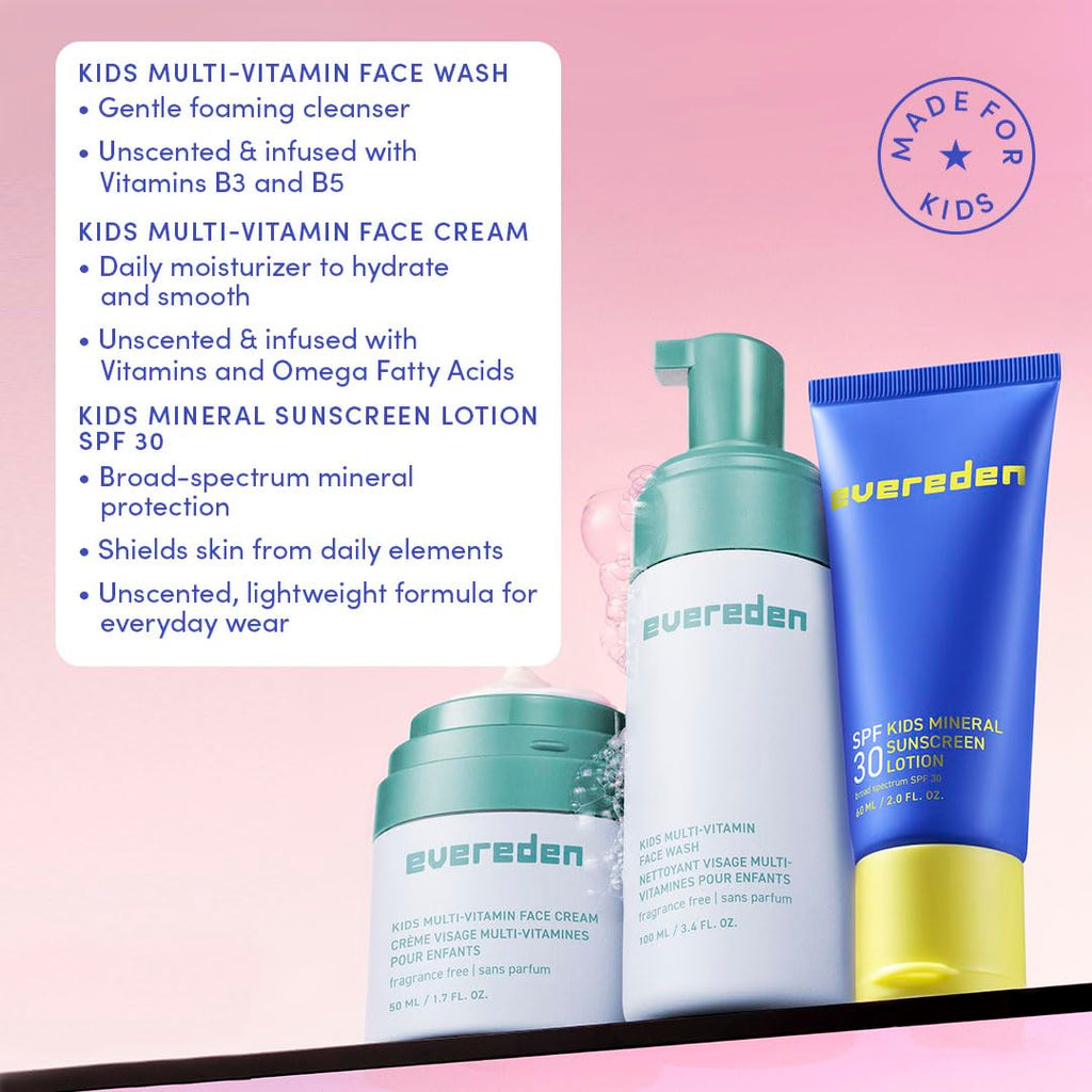 Evereden Daily 1-2-3 Routine: Fragrance-Free Kids Skincare Set — Cleanser, Hydration & SPF 30 Mineral Sunscreen