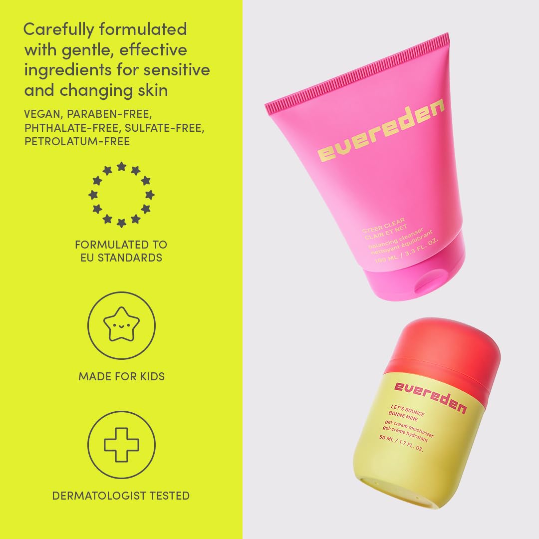 Evereden Preppy Skincare Collection with Triple Green Tea for Teens | Cleanser, Gel-Cream Moisturizer & Toner Pads