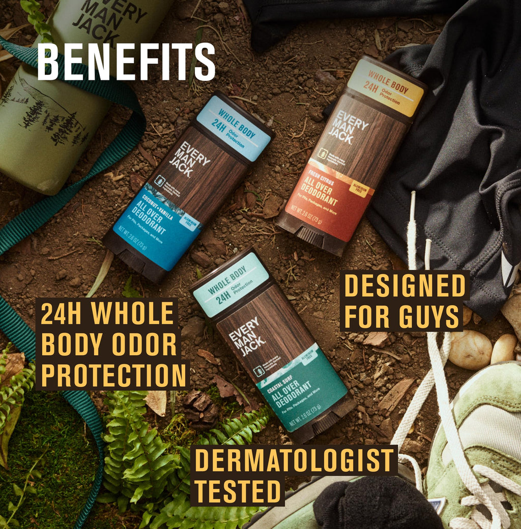Every Man Jack All Over Deodorant - 24-Hour Aluminum-Free Odor Protection - Coconut + Vanilla (2.6 oz)