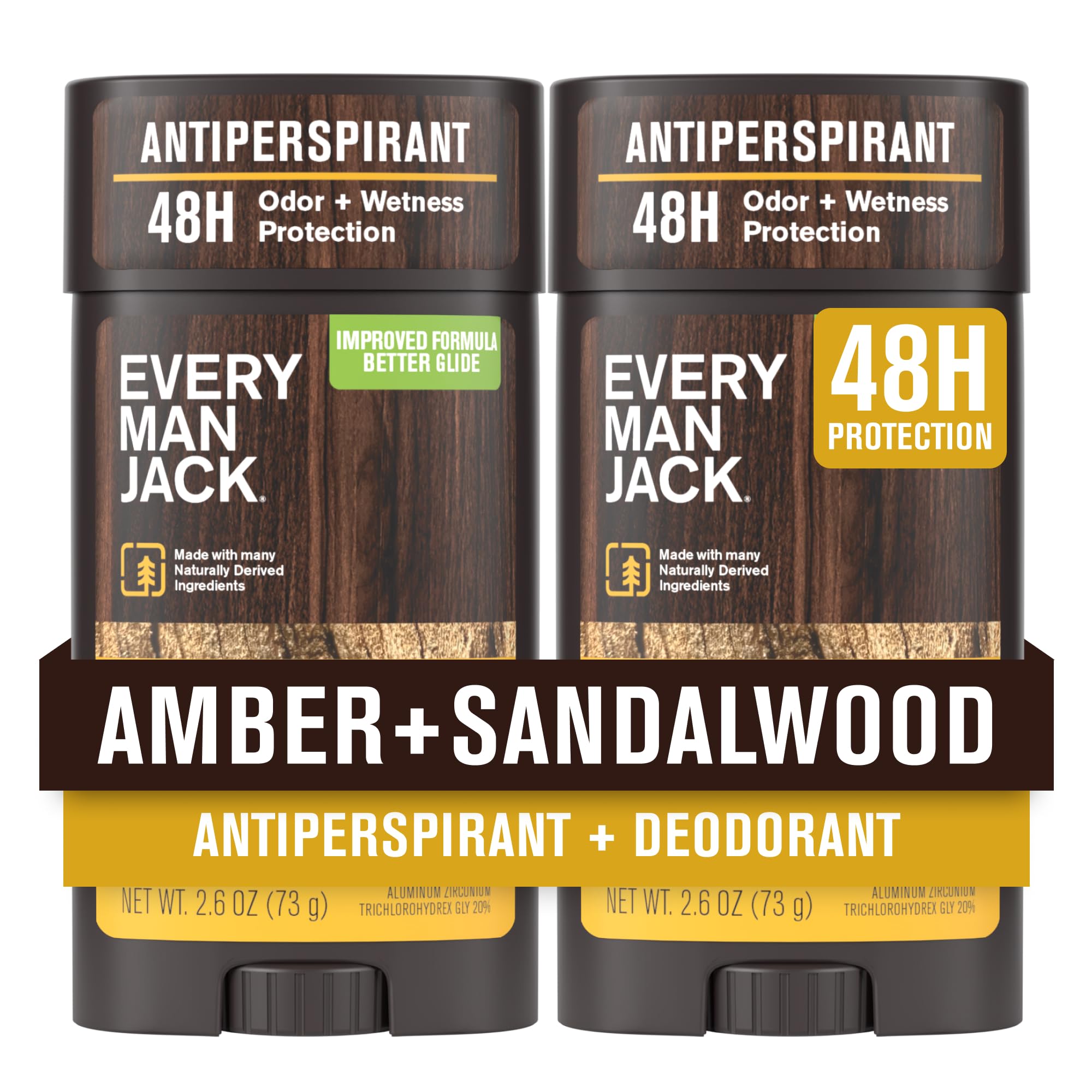 Every Man Jack Amber + Sandalwood Antiperspirant Deodorant – 2-Pack, 48-Hour Odor & Sweat Defense, 2.6 oz