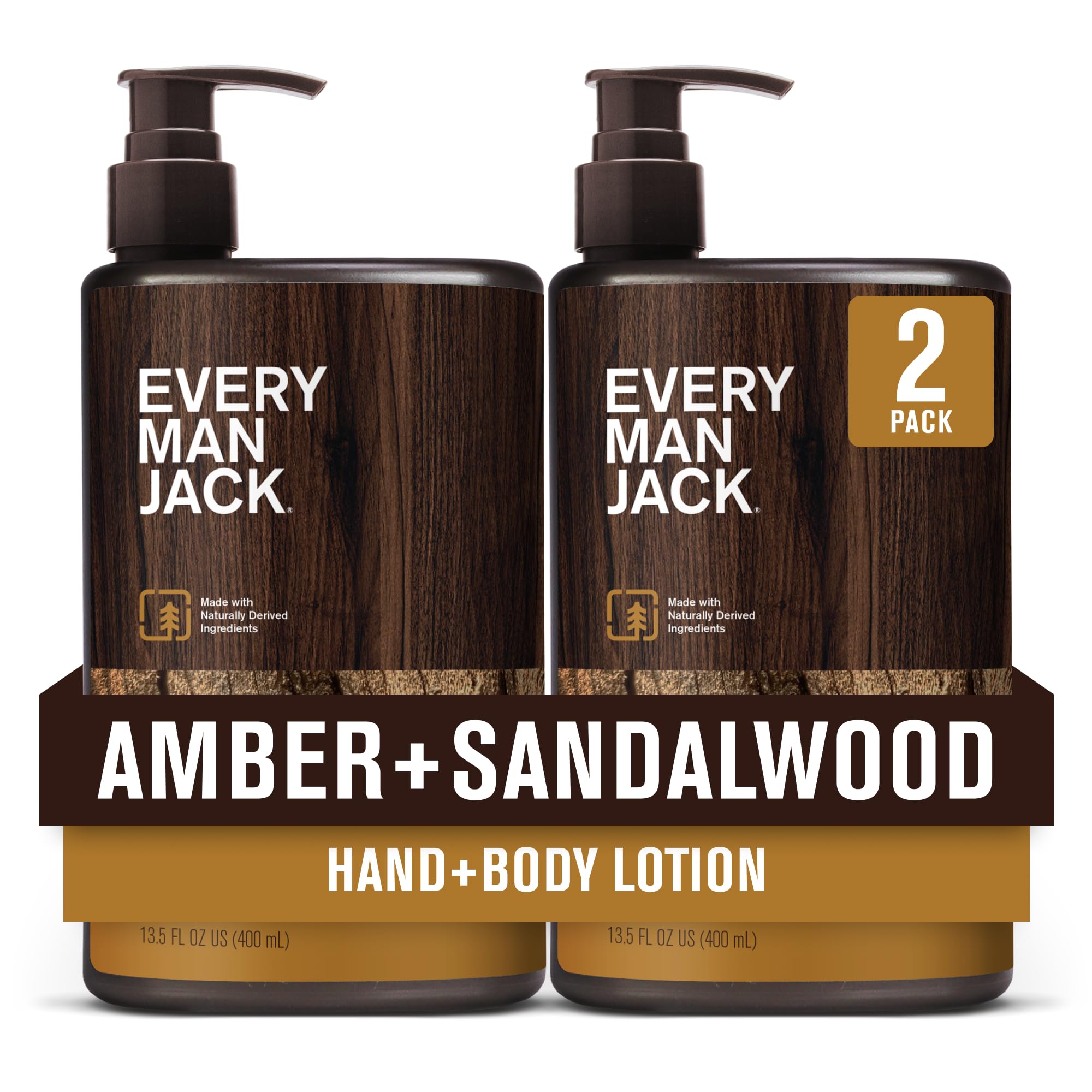 Every Man Jack Amber Sandalwood Lotion – Hypoallergenic, 13.5oz (2 Bottles)