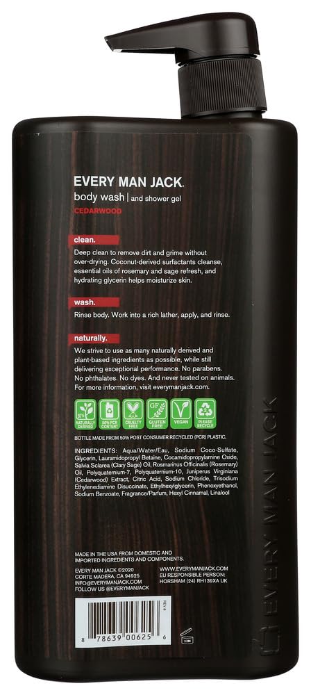 Every Man Jack Men's Body Wash Cedarwood – 2 x 33 oz Twin Pack | Naturally Derived, Paraben-Free, Phthalate-Free, Dye-Free, Cruelty-Free