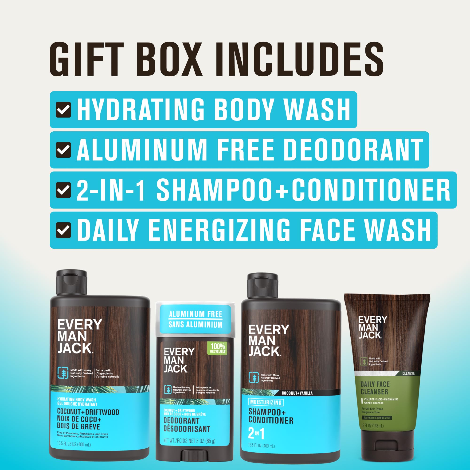Every Man Jack Gift Set Coconut + Driftwood: Body Wash, 2-in-1 Shampoo, Deodorant & Face Wash
