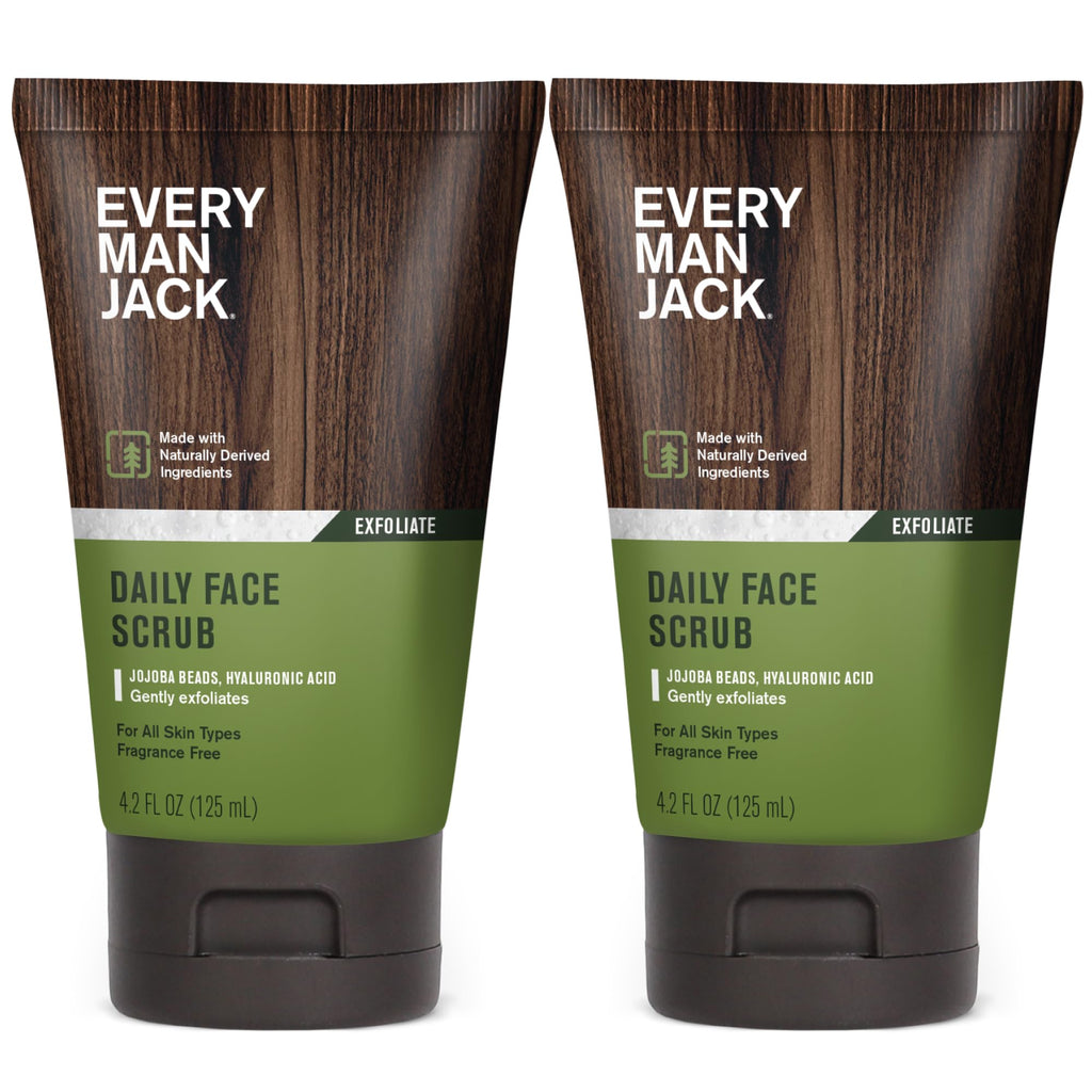 Every Man Jack Gentle Exfoliating Face Scrub for Men — Jojoba Beads, Hyaluronic Acid, Caffeine, 4.2 oz Twin Pack