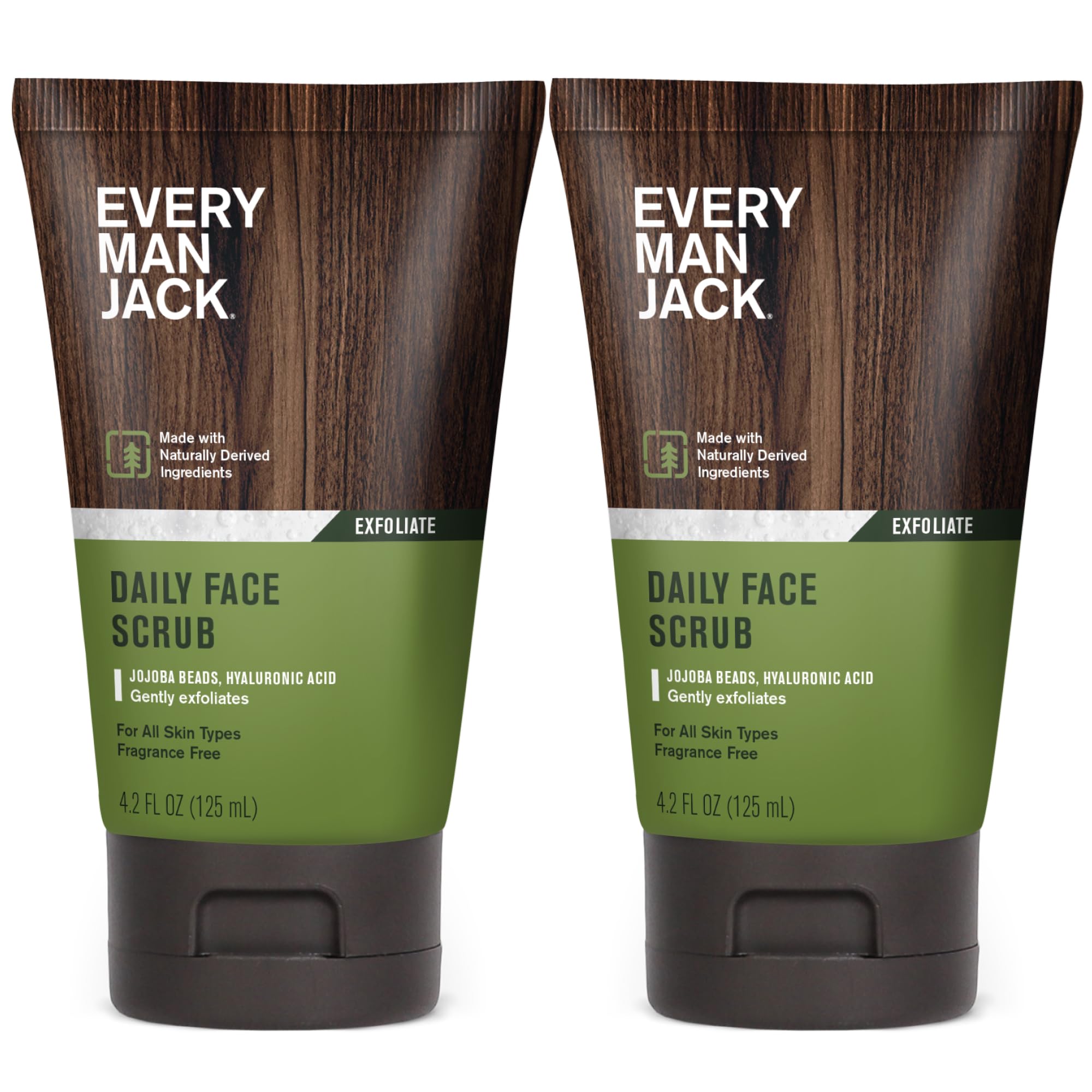 Every Man Jack Gentle Exfoliating Face Scrub for Men — Jojoba Beads, Hyaluronic Acid, Caffeine, 4.2 oz Twin Pack