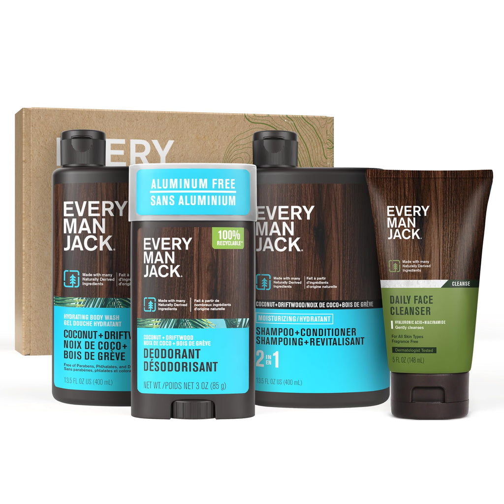Every Man Jack Gift Set Coconut + Driftwood: Body Wash, 2-in-1 Shampoo, Deodorant & Face Wash