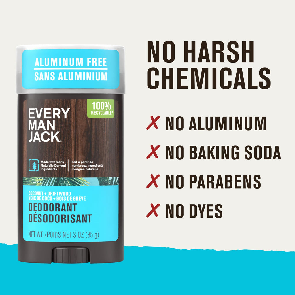 Every Man Jack Coconut Driftwood Men’s Deodorant – Aluminum-Free, Long-Lasting Freshness, 3oz Twin Pack