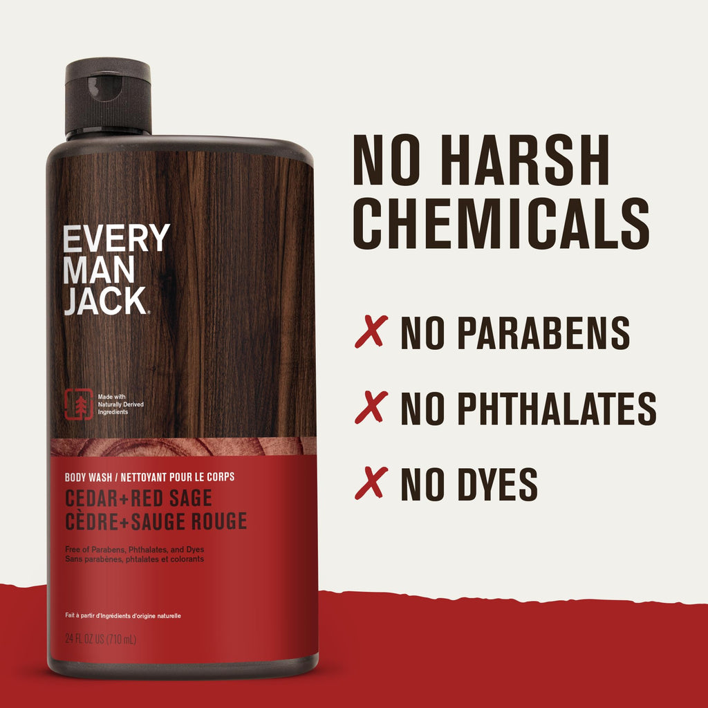 Every Man Jack Nourishing Cedar + Red Sage Body Wash – All Skin Types, Coconut & Glycerin – 24oz (2 Bottles)