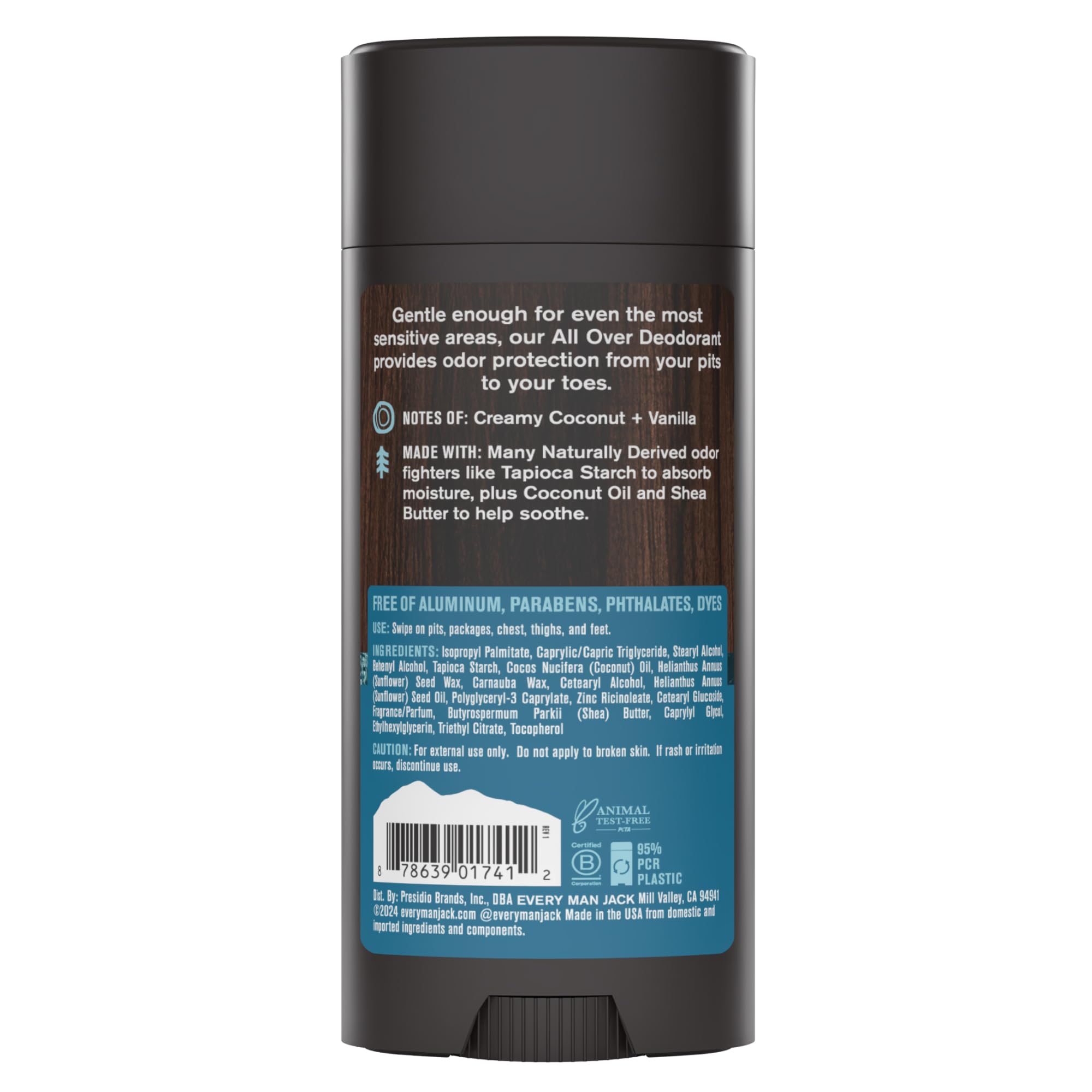 Every Man Jack All Over Deodorant - 24-Hour Aluminum-Free Odor Protection - Coconut + Vanilla (2.6 oz)