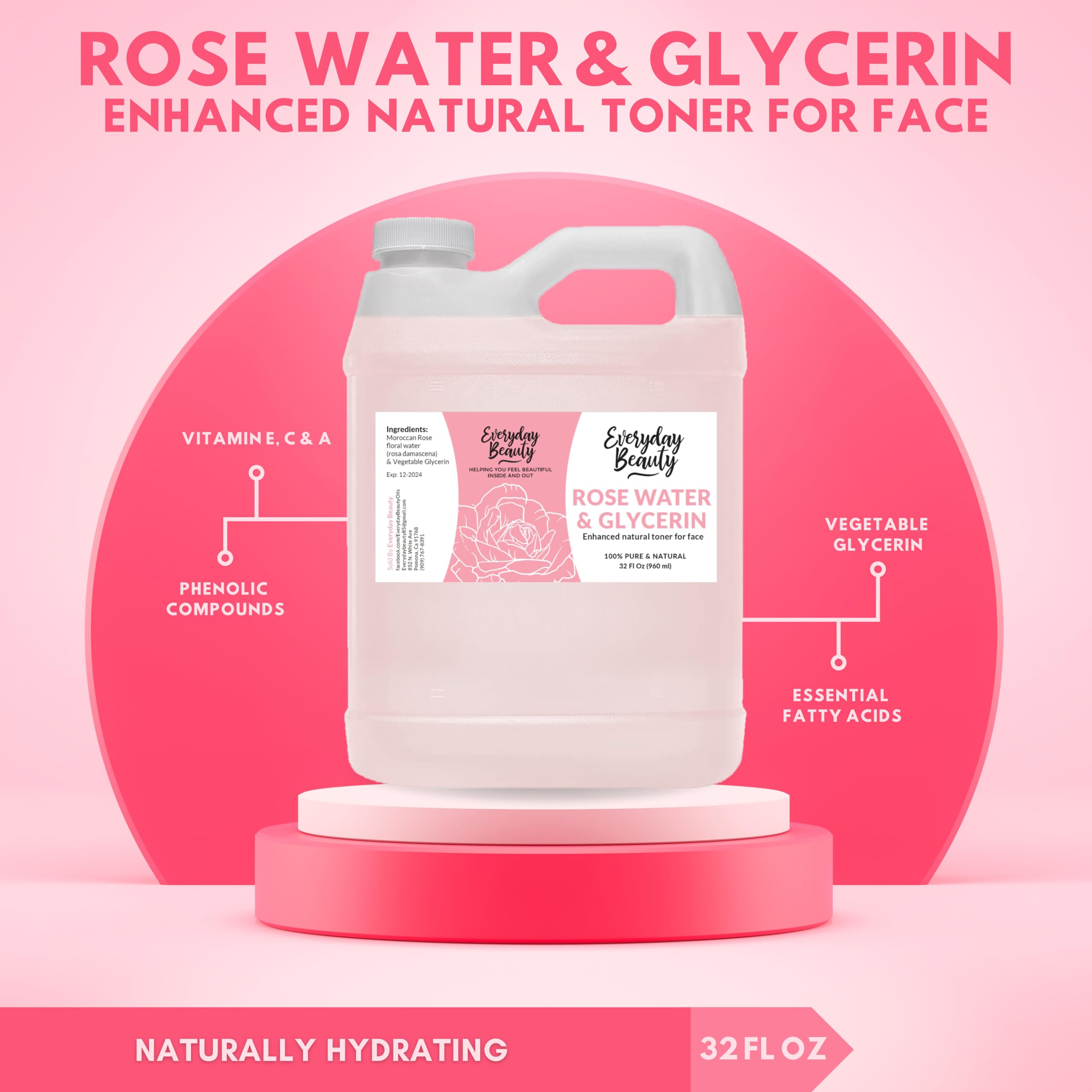 Everyday Beauty Rose Water & Glycerin Toner — 32oz Bulk, Alcohol-Free, Vegan