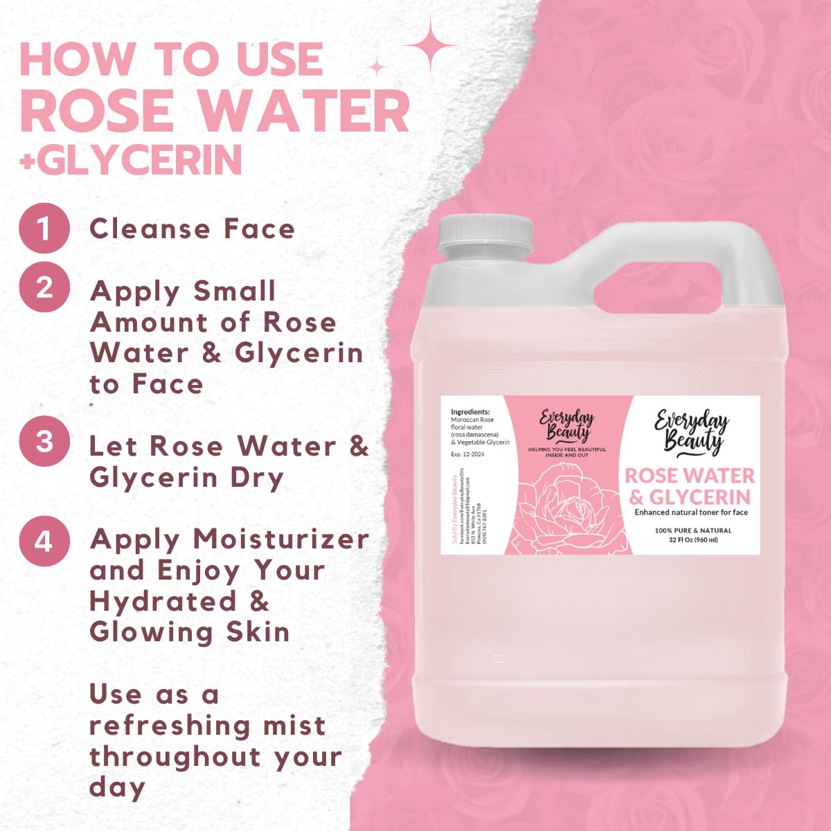 Everyday Beauty Rose Water & Glycerin Toner — 32oz Bulk, Alcohol-Free, Vegan