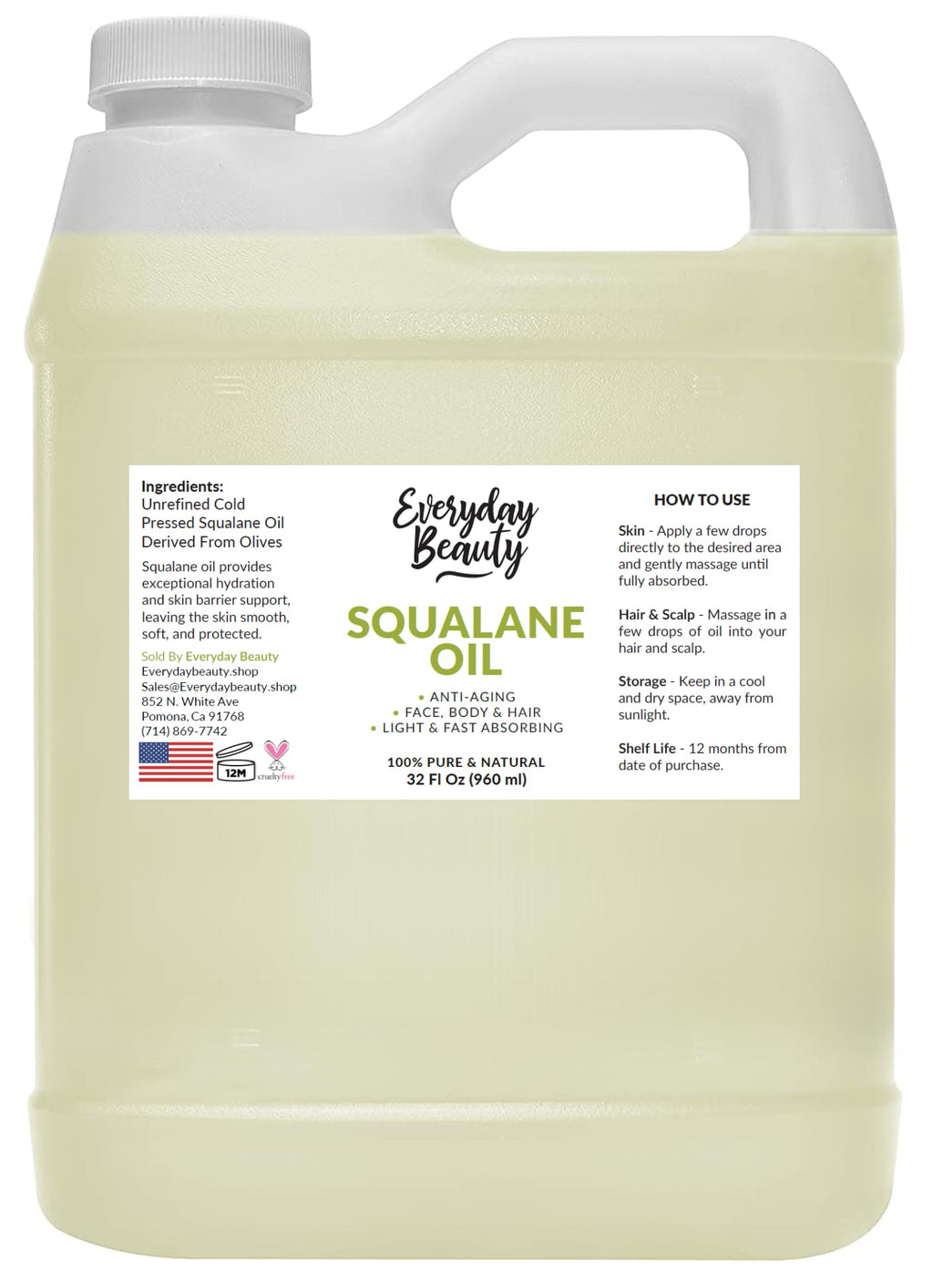 Everyday Beauty Squalane Oil Bulk – 32 oz Pure Olive-Derived Facial & Hair Oil
