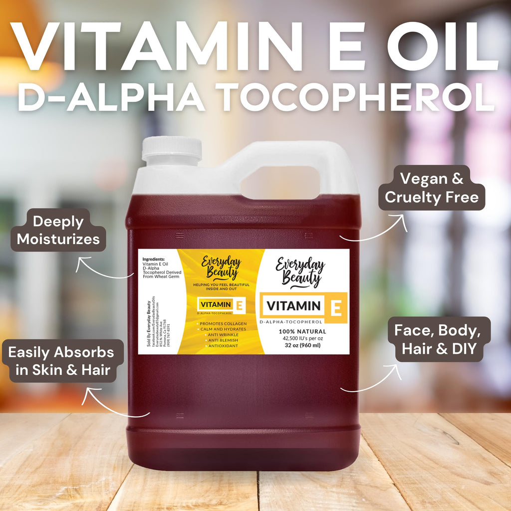 Everyday Beauty Pure Vitamin E Oil Bulk – 32 oz, 100% D-Alpha Tocopherol from Wheat Germ